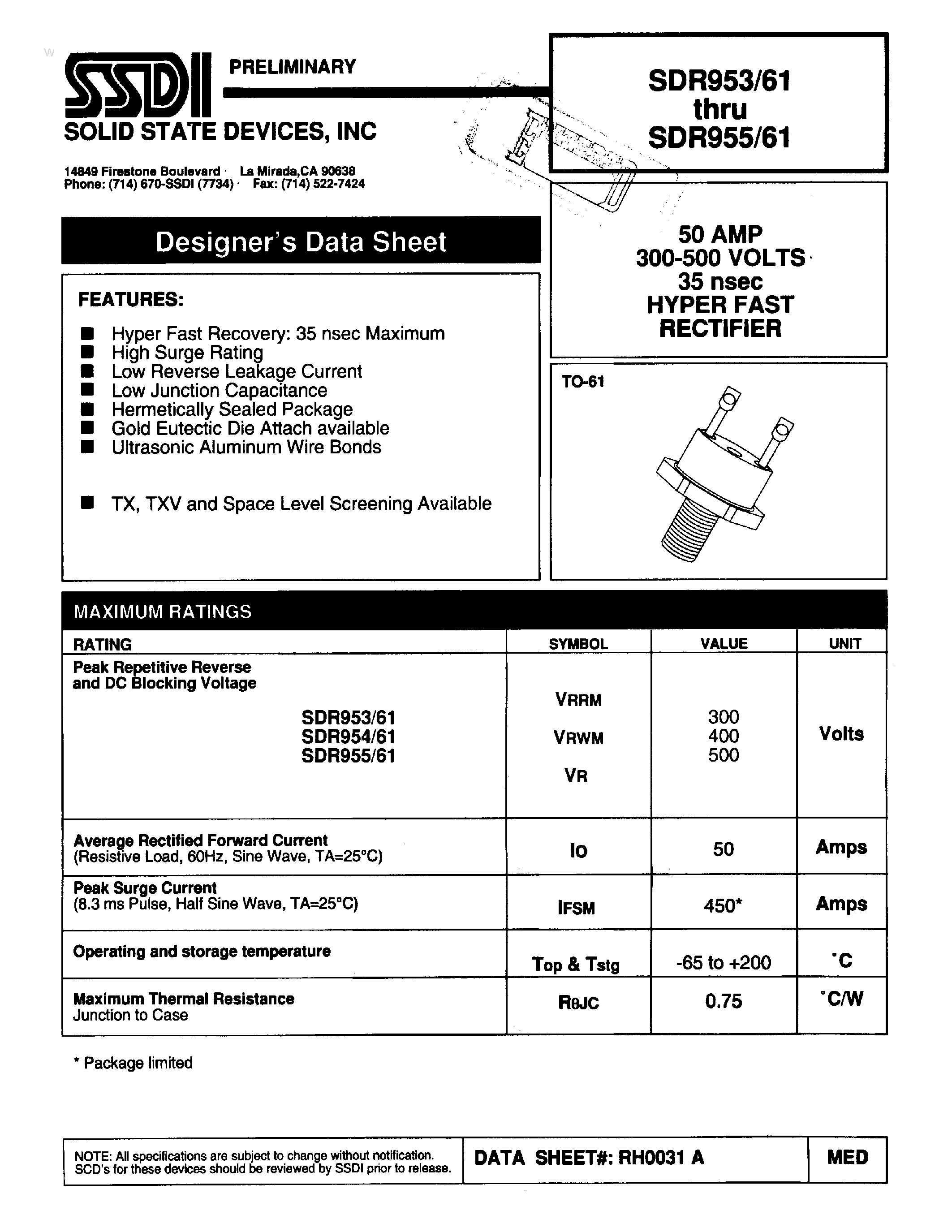 Datasheet SDR953/61 page 1 Datasheet SDR953/61 - (SDR953/61 - SDR955/61) HYPER FAST RECTIFIER page 1
