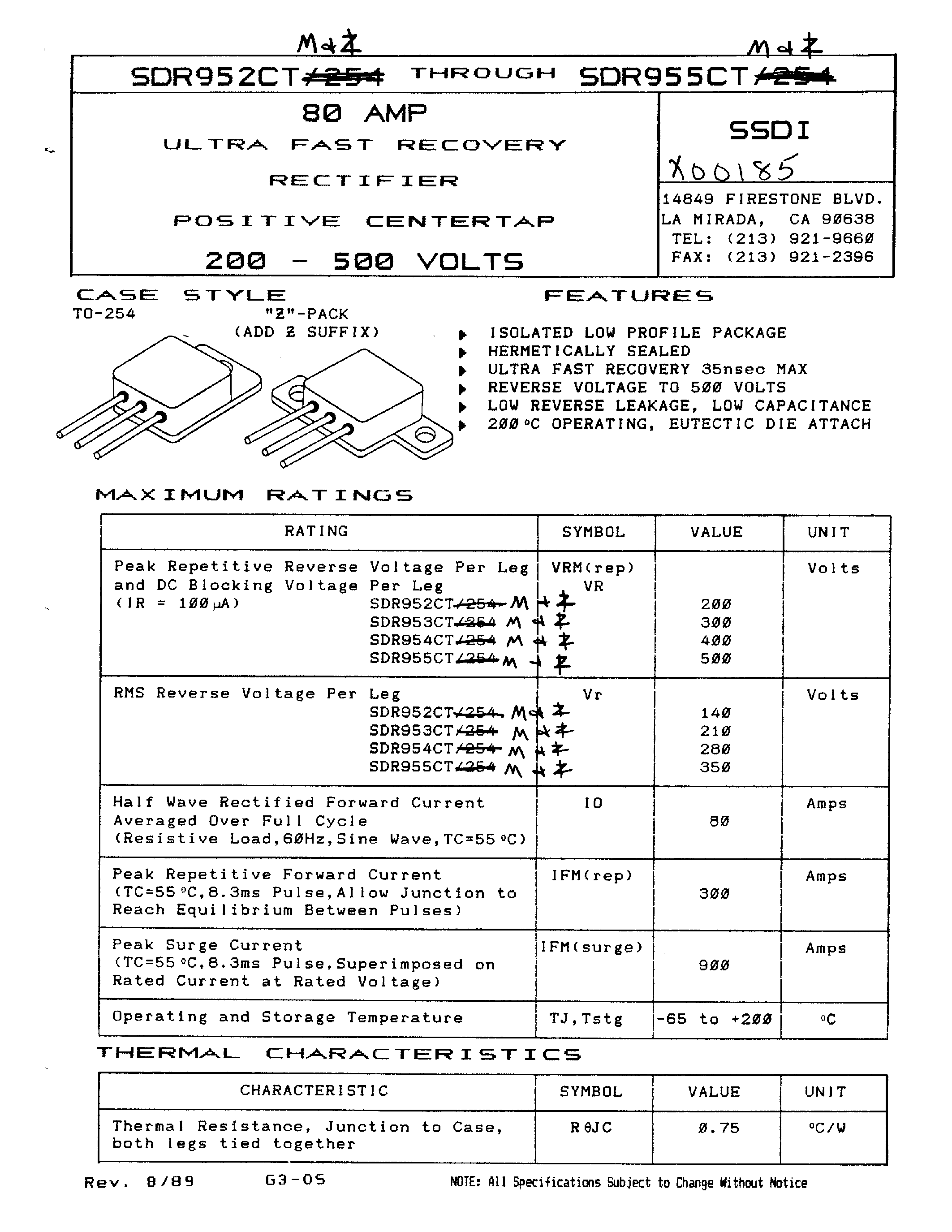 Datasheet SDR952CT page 1 Datasheet SDR952CT - (SDR952CT - SDR955CT) ULTRA FAST RECOVERY RECTIFIER page 1