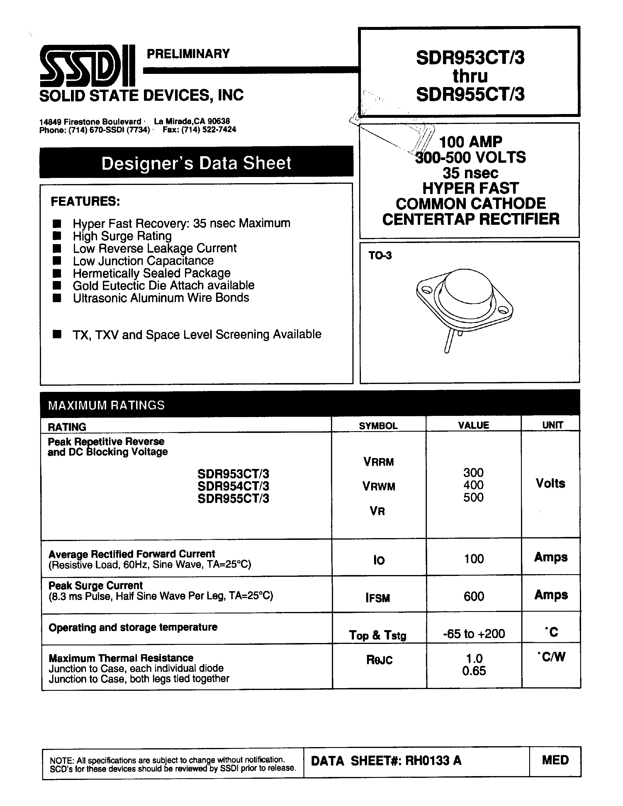 Даташит на микросхему SDR953CT/3 страница 1 Даташит SDR953CT/3 - (SDR953CT/3 - SDR955CT/3) HYPER FAST COMMONCATHODE CENTERTAP RECTIFIER страница 1