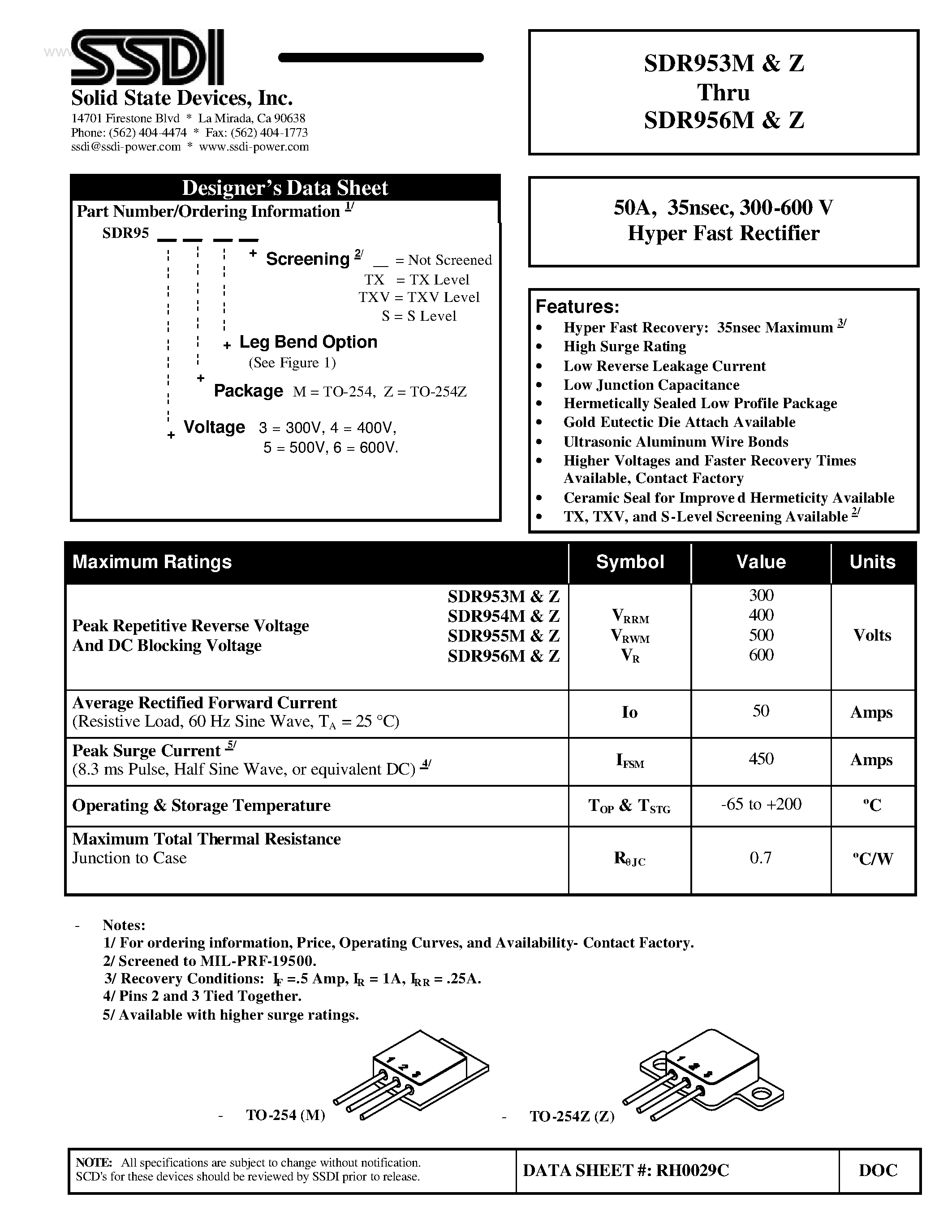 Datasheet SDR953M page 1 Datasheet SDR953M - (SDR953Z - SDR956Z) Hyper Fast Rectifier page 1
