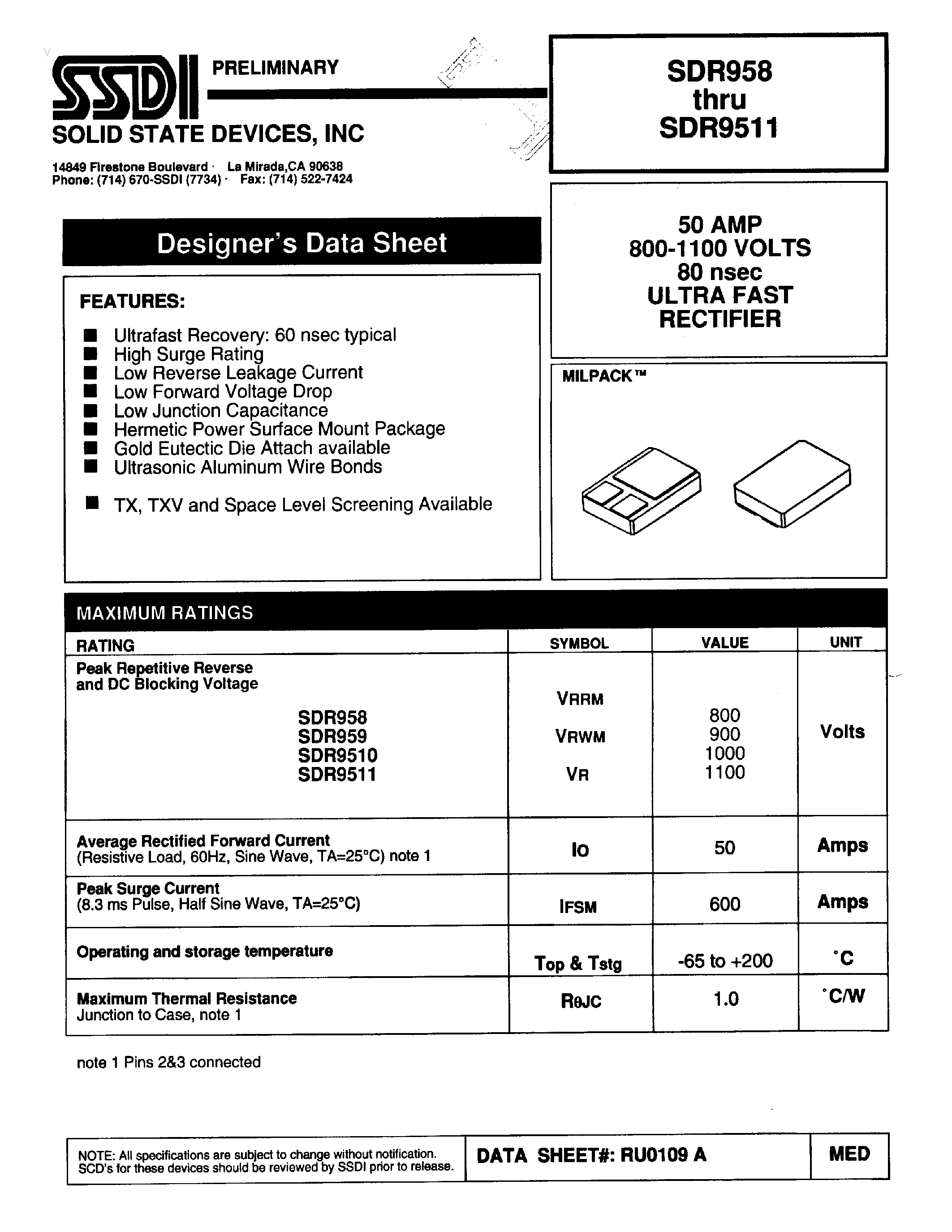 Datasheet SDR9510 - (SDR958 - SDR9511) ULTRA FAST RECTIFIER page 1