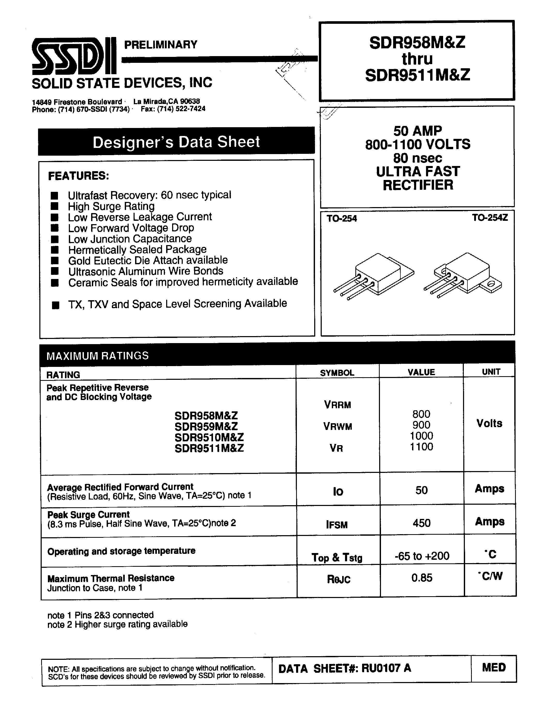 Datasheet SDR9510M - (SDR958Z - SDR9511Z) ULTRA FAST RECTIFIER page 1