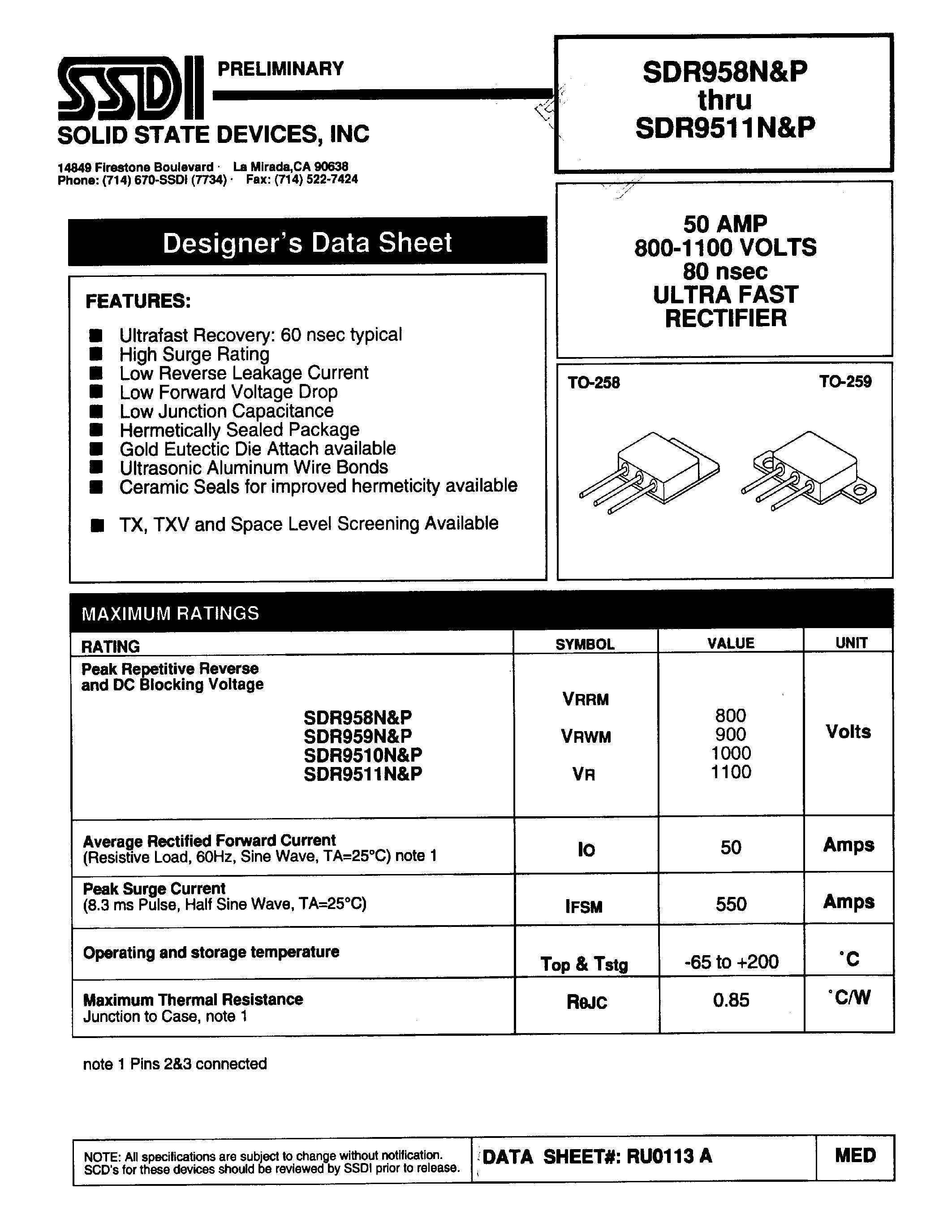 Datasheet SDR9510N - (SDR958P - SDR9511P) ULTRA FAST RECTIFIER page 1