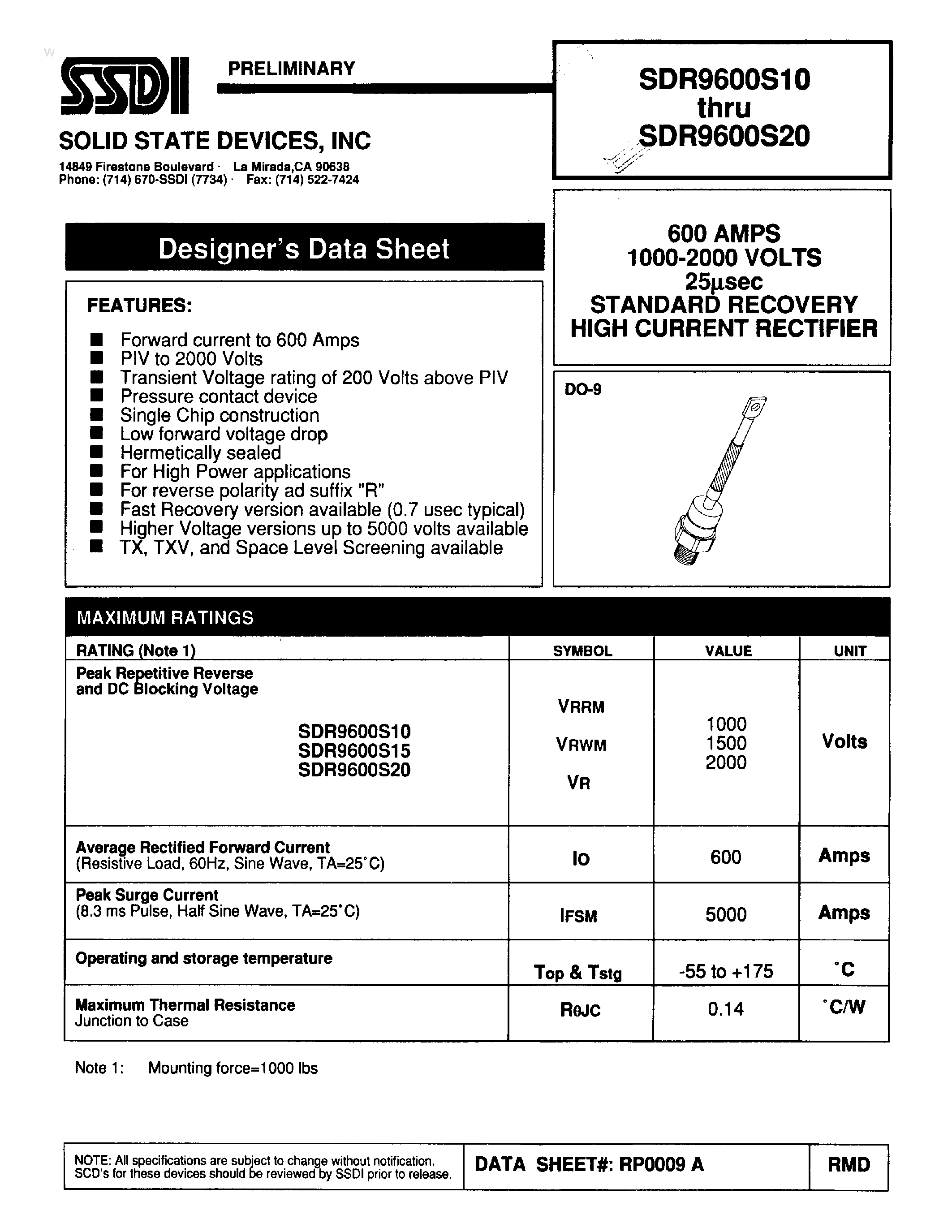 Datasheet SDR9600S10 page 1 Datasheet SDR9600S10 - (SDR9600S10 - SDR9600S20) STANDARD RECOVERY HIGH CURRENT RECTIFIER page 1