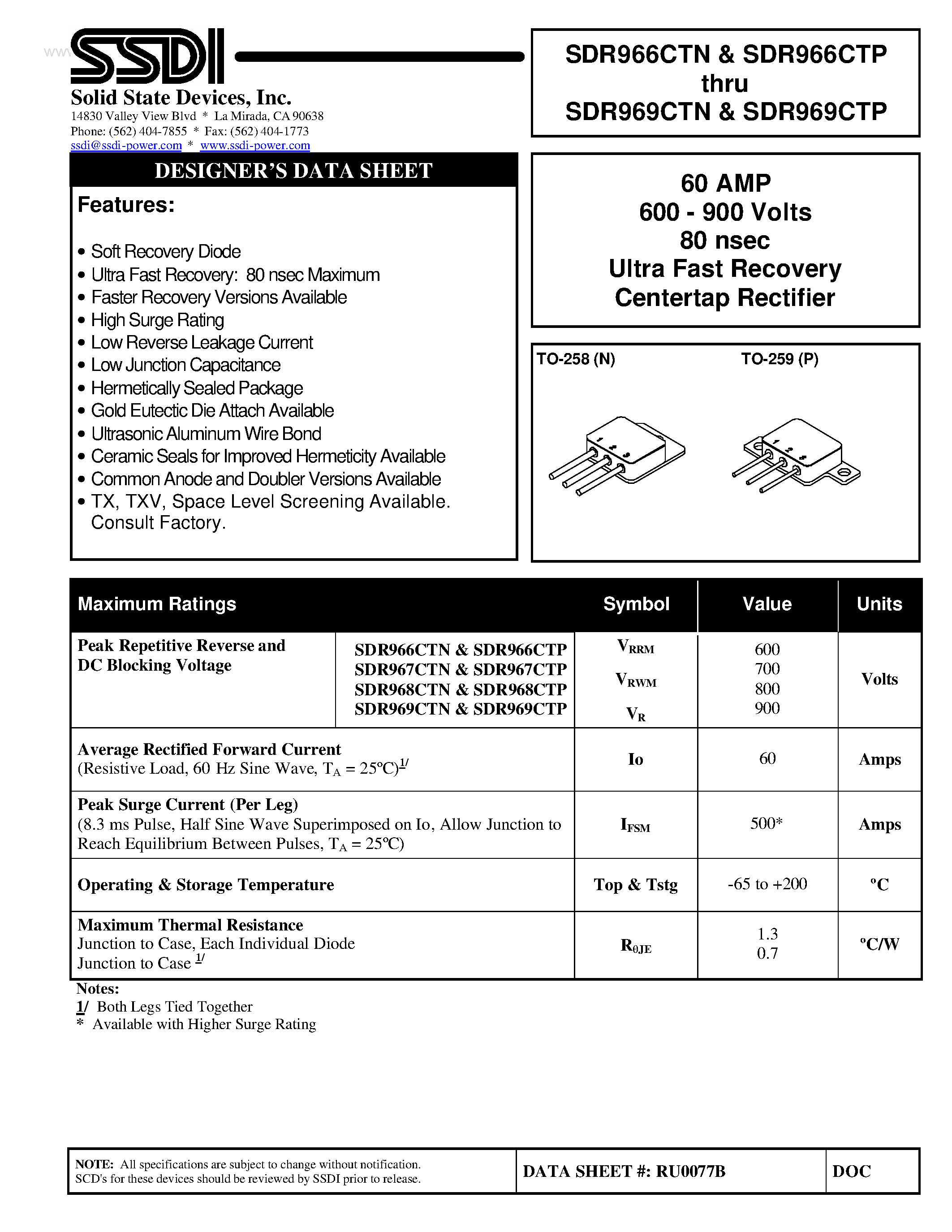 Datasheet SDR966CTN page 1 Datasheet SDR966CTN - (SDR966CTP - SDR969CTP) Ultra Fast Recovery Centertap Rectifier page 1