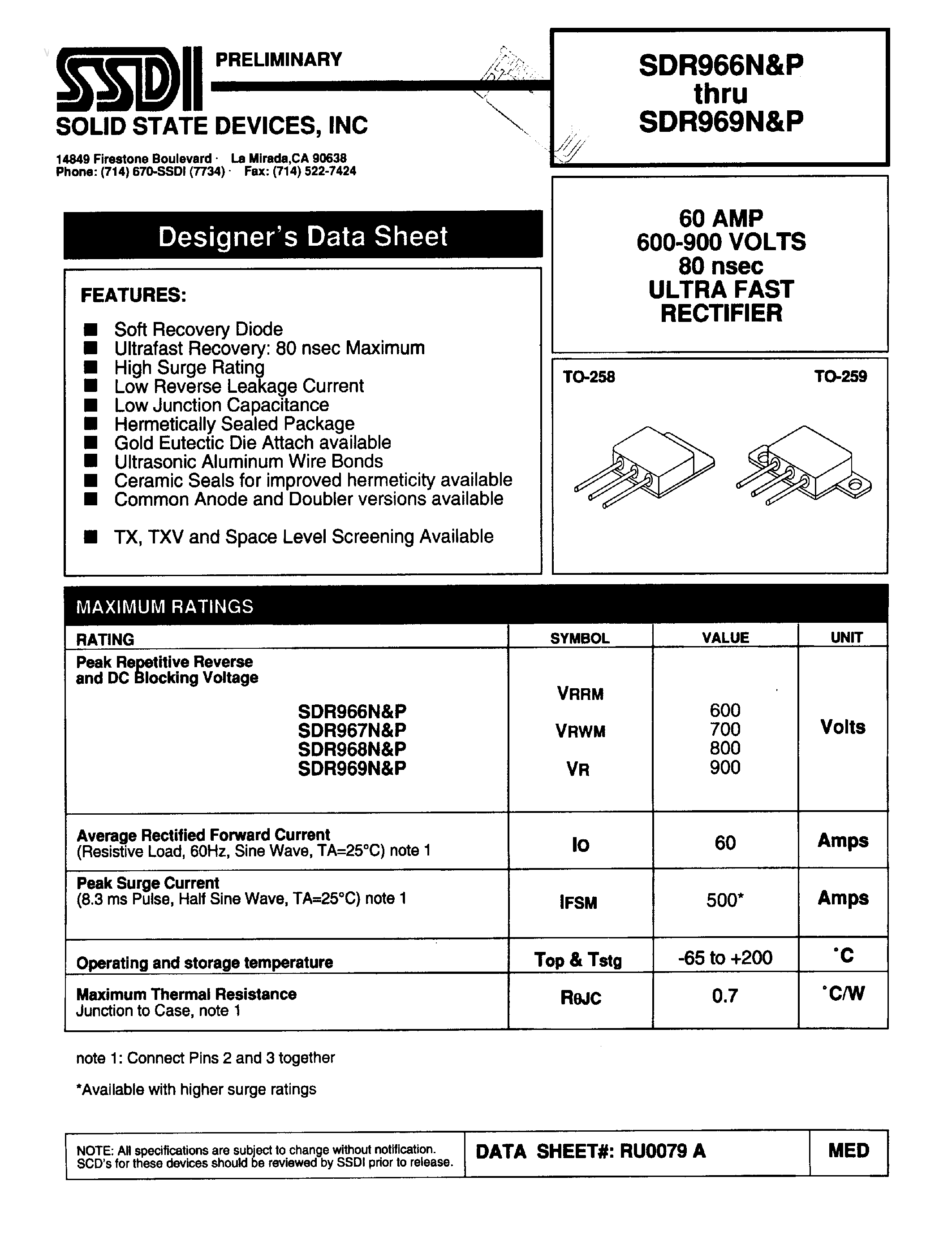 Datasheet SDR966N page 1 Datasheet SDR966N - (SDR966P - SDR969P) ULTRA FAST RECTIFIER page 1