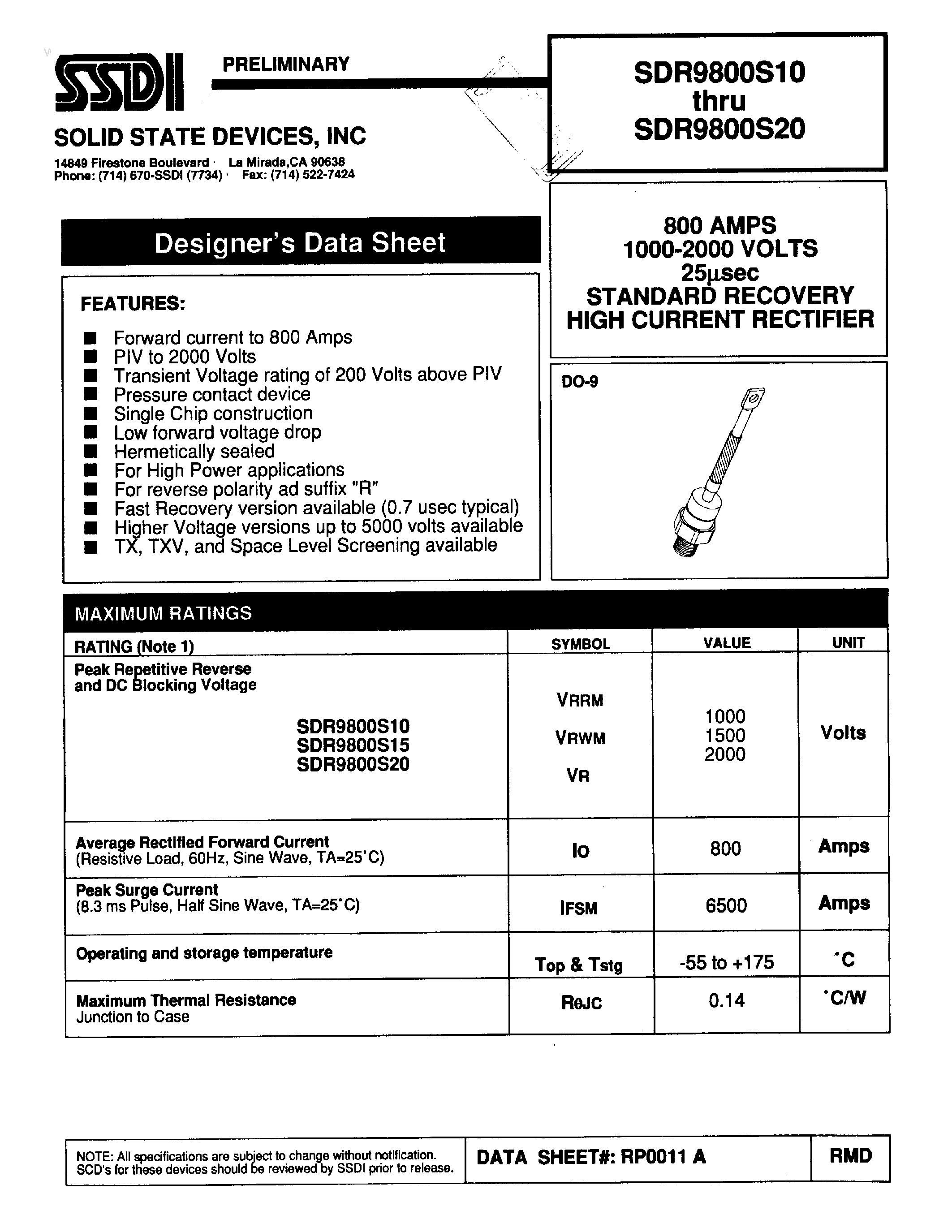 Даташит на микросхему SDR9800S10 страница 1 Даташит SDR9800S10 - (SDR9800S10 - SDR9800S20) STANDARD RECOVERY HIGH CURRENT RECTIFIER страница 1