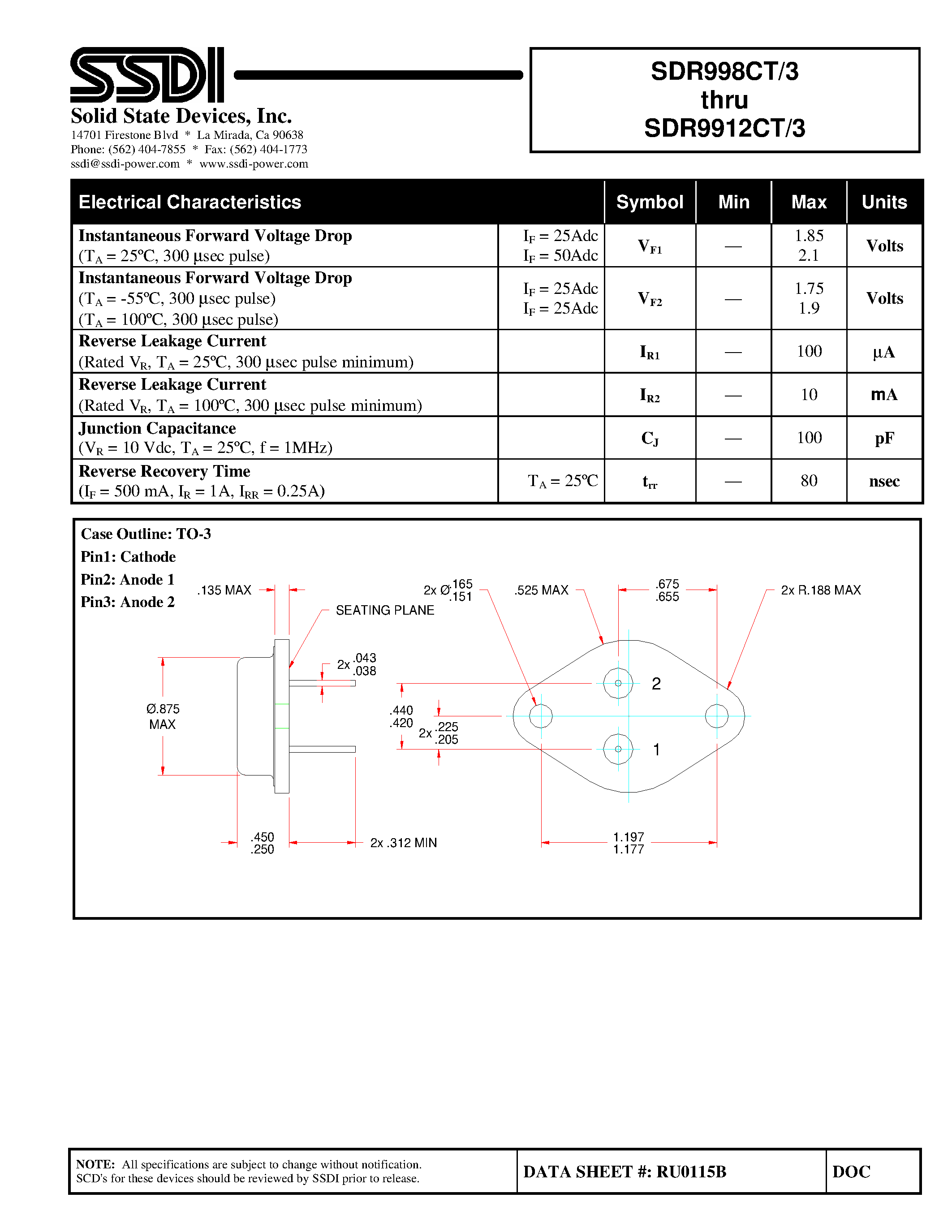 Даташит на микросхему SDR9910CT/3 страница 2 Даташит SDR9910CT/3 - (SDR998CT/3 - SDR9912CT/3) ULTRA FAST COMMON CATHODE CENTERTAP RECTIFIER страница 2
