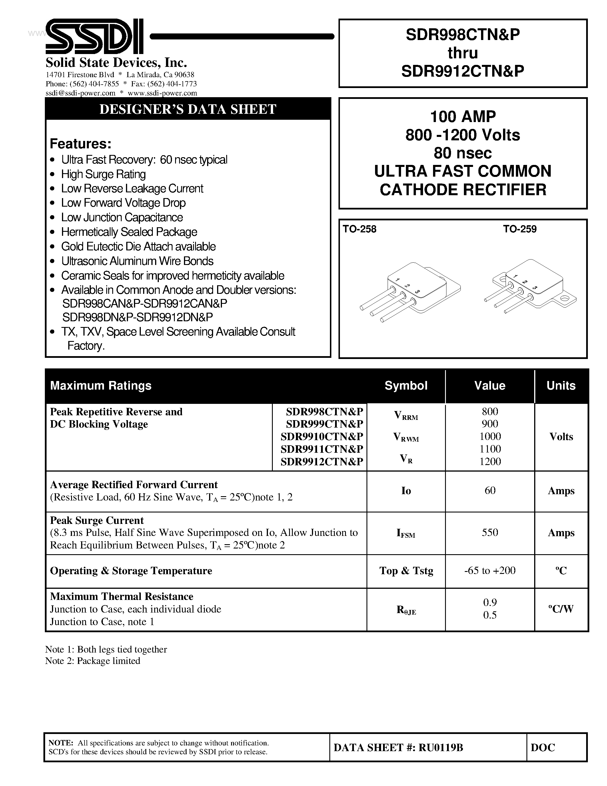 Datasheet SDR9910CTN page 1 Datasheet SDR9910CTN - (SDR998CTP - SDR9912CTP) ULTRA FAST COMMON CATHODE RECTIFIER page 1