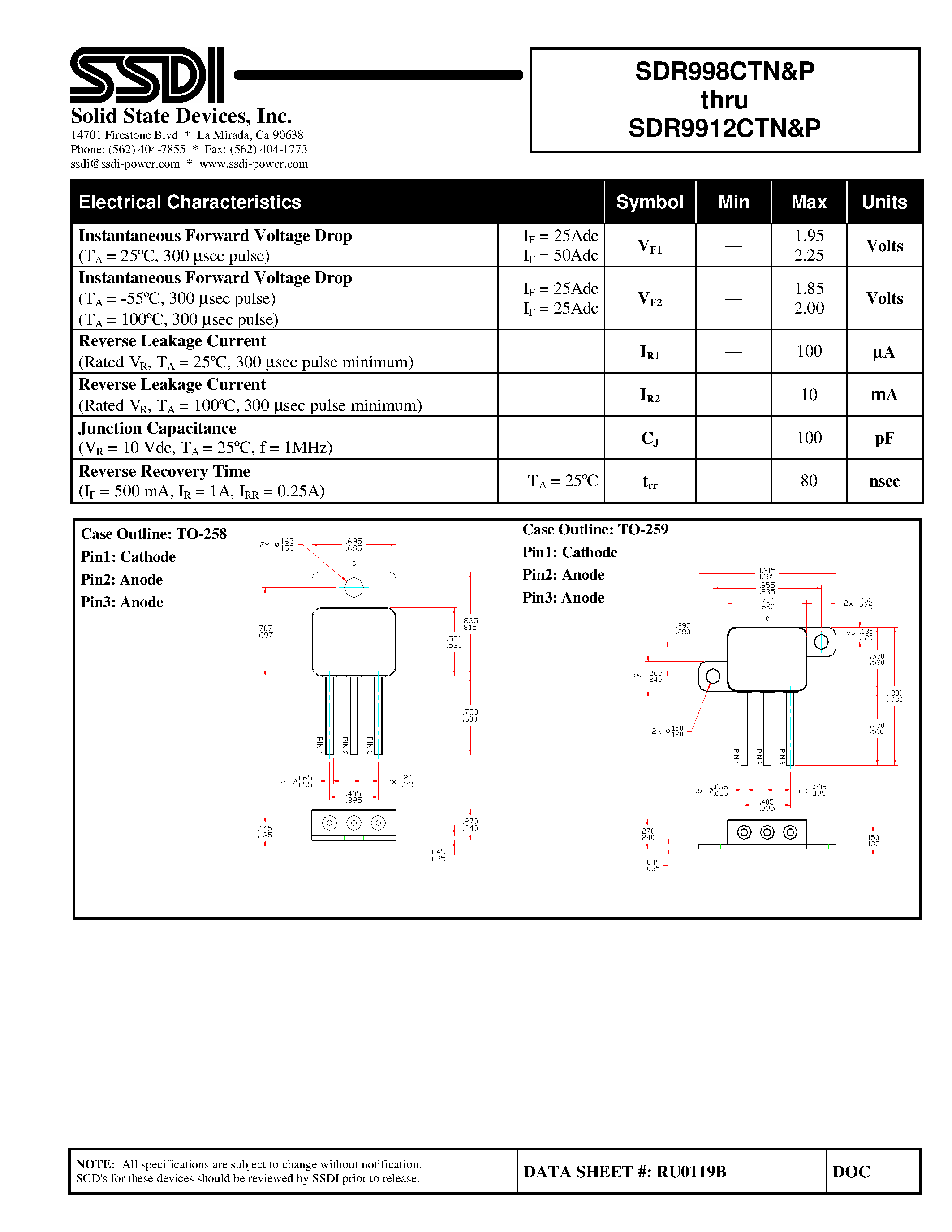 Datasheet SDR9910CTN page 2 Datasheet SDR9910CTN - (SDR998CTP - SDR9912CTP) ULTRA FAST COMMON CATHODE RECTIFIER page 2
