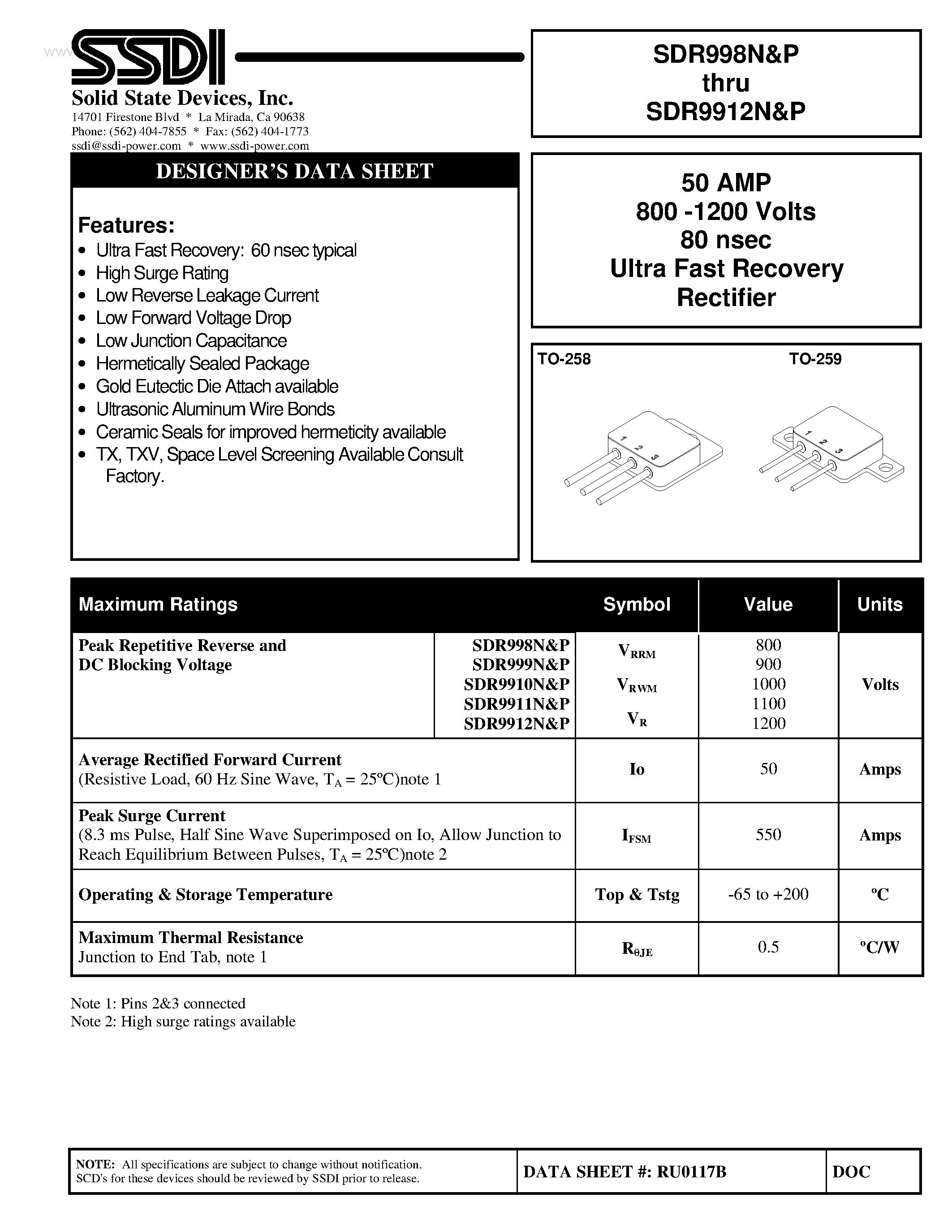 Datasheet SDR9910N page 1 Datasheet SDR9910N - (SDR998P - SDR9912P) Ultra Fast Recovery Rectifier page 1