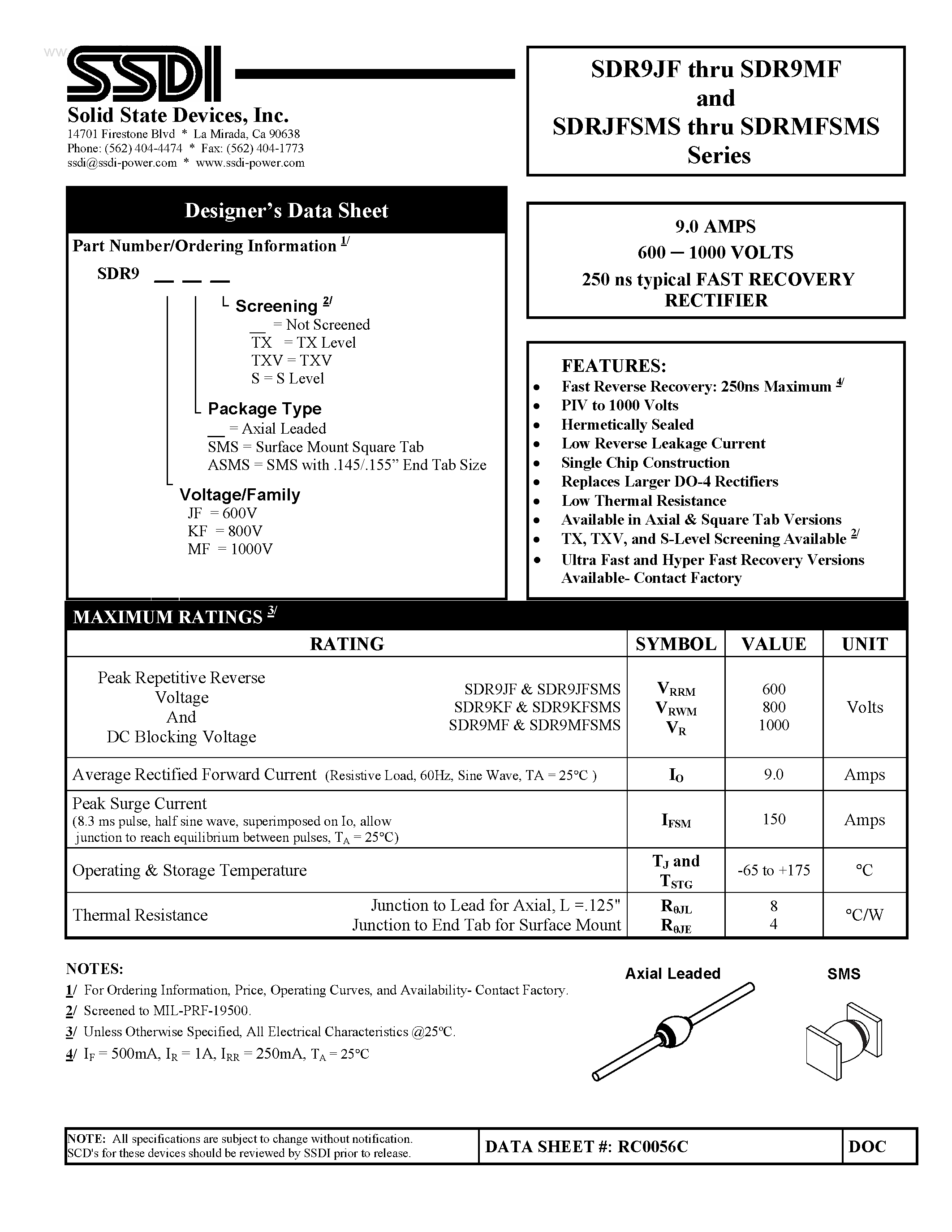 Datasheet SDR9JF page 1 Datasheet SDR9JF - (SDR9xFSMS) FAST RECOVERY RECTIFIER page 1