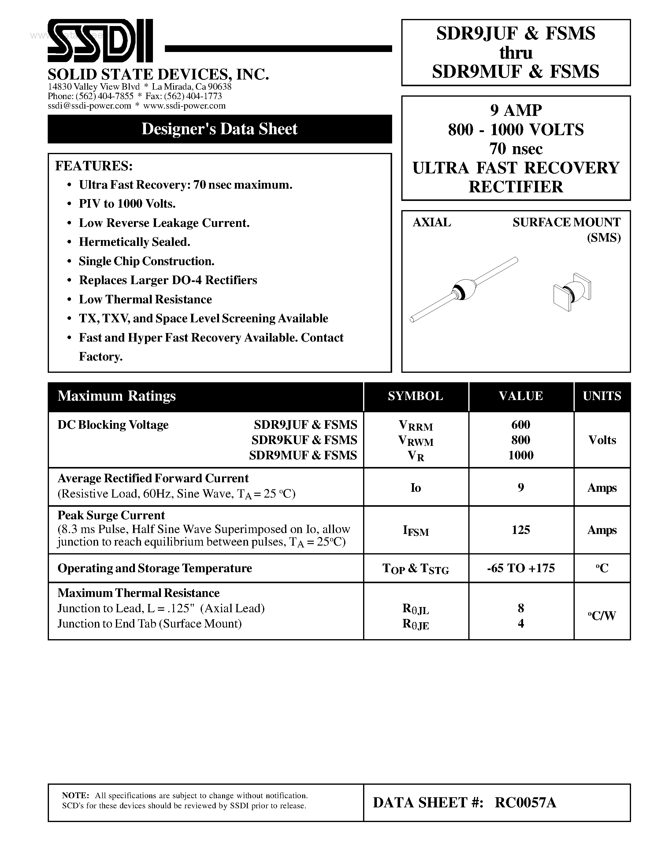 Datasheet SDR9JUF page 1 Datasheet SDR9JUF - (SDR9xUFSMS) ULTRA FAST RECOVERY RECTIFIER page 1