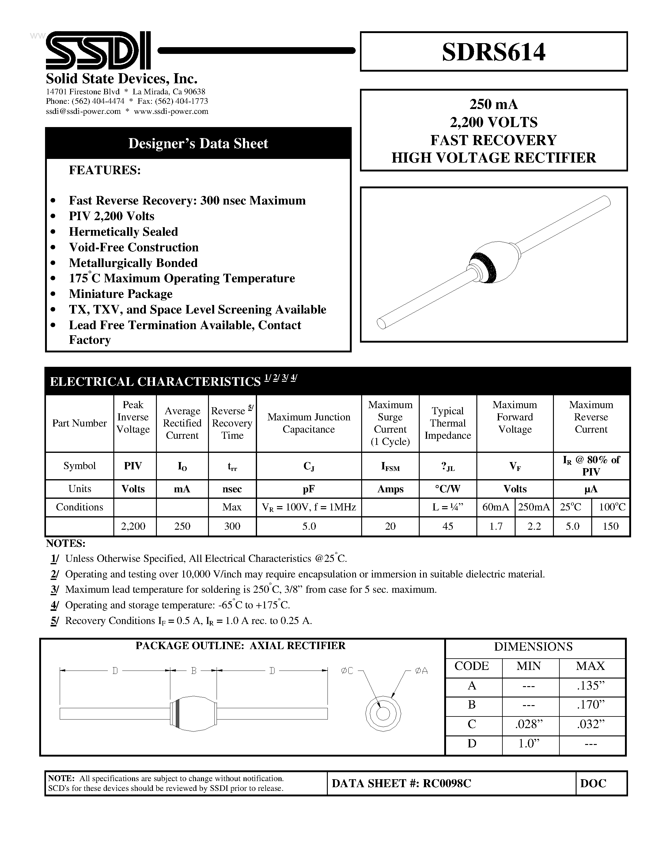Datasheet SDRS614 - FAST RECOVERY HIGH VOLTAGE RECTIFIER page 1