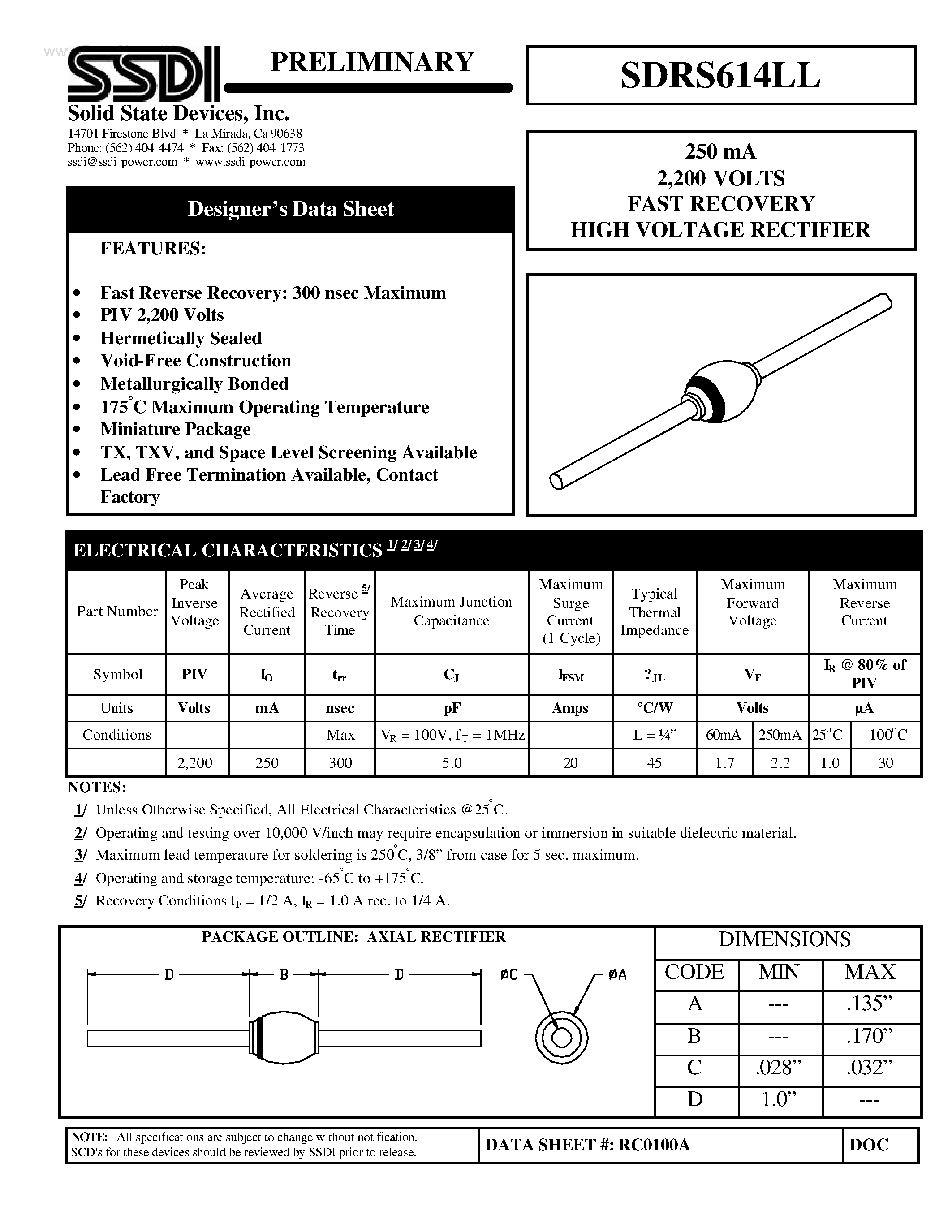 Datasheet SDRS614LL page 1 Datasheet SDRS614LL - FAST RECOVERY HIGH VOLTAGE RECTIFIER page 1