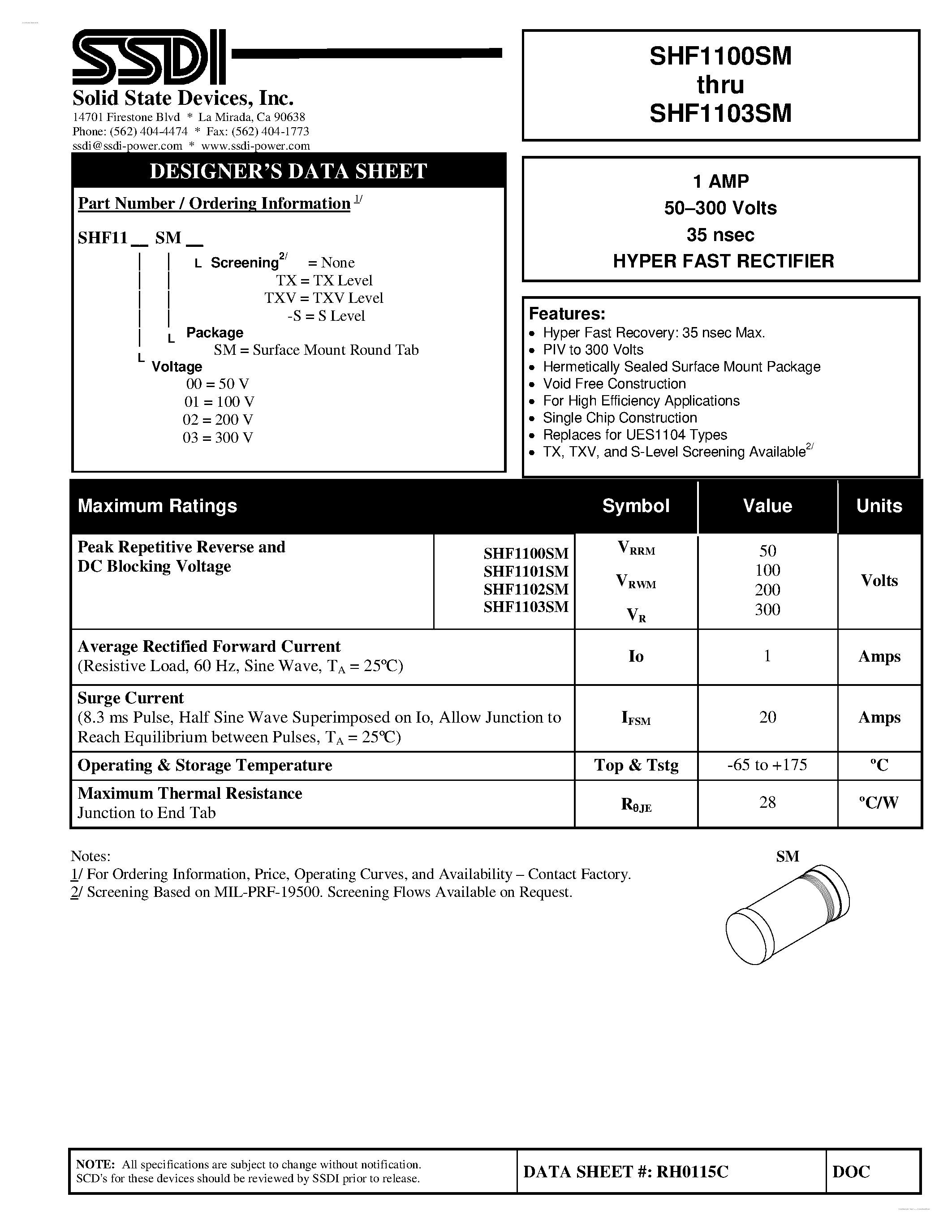 Datasheet SHF1100SM page 1 Datasheet SHF1100SM - (SHF1100SM - SHF1103SM) HYPER FAST RECTIFIER page 1