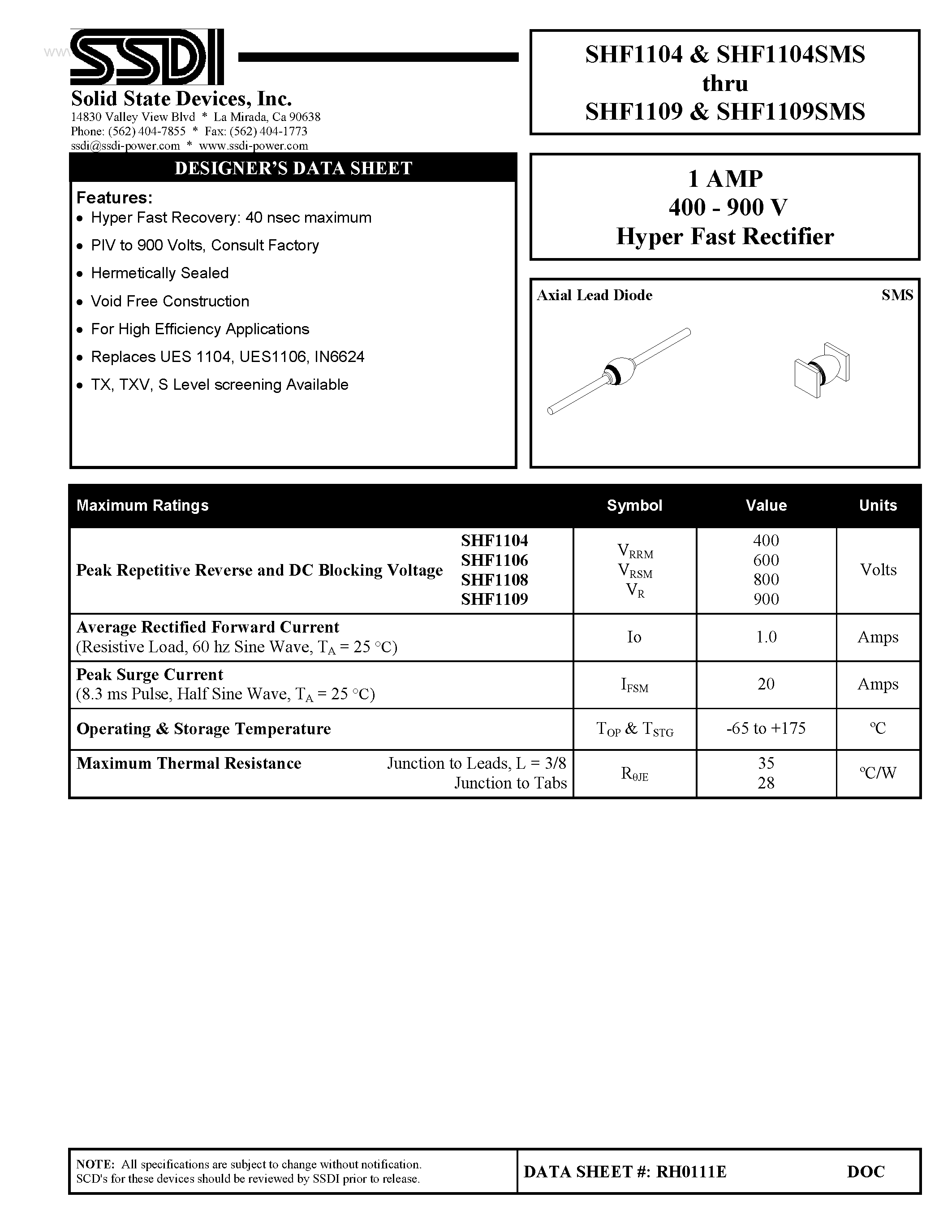 Datasheet SHF1104 page 1 Datasheet SHF1104 - (SHF1104SMS - SHF1109SMS) Hyper Fast Rectifier page 1
