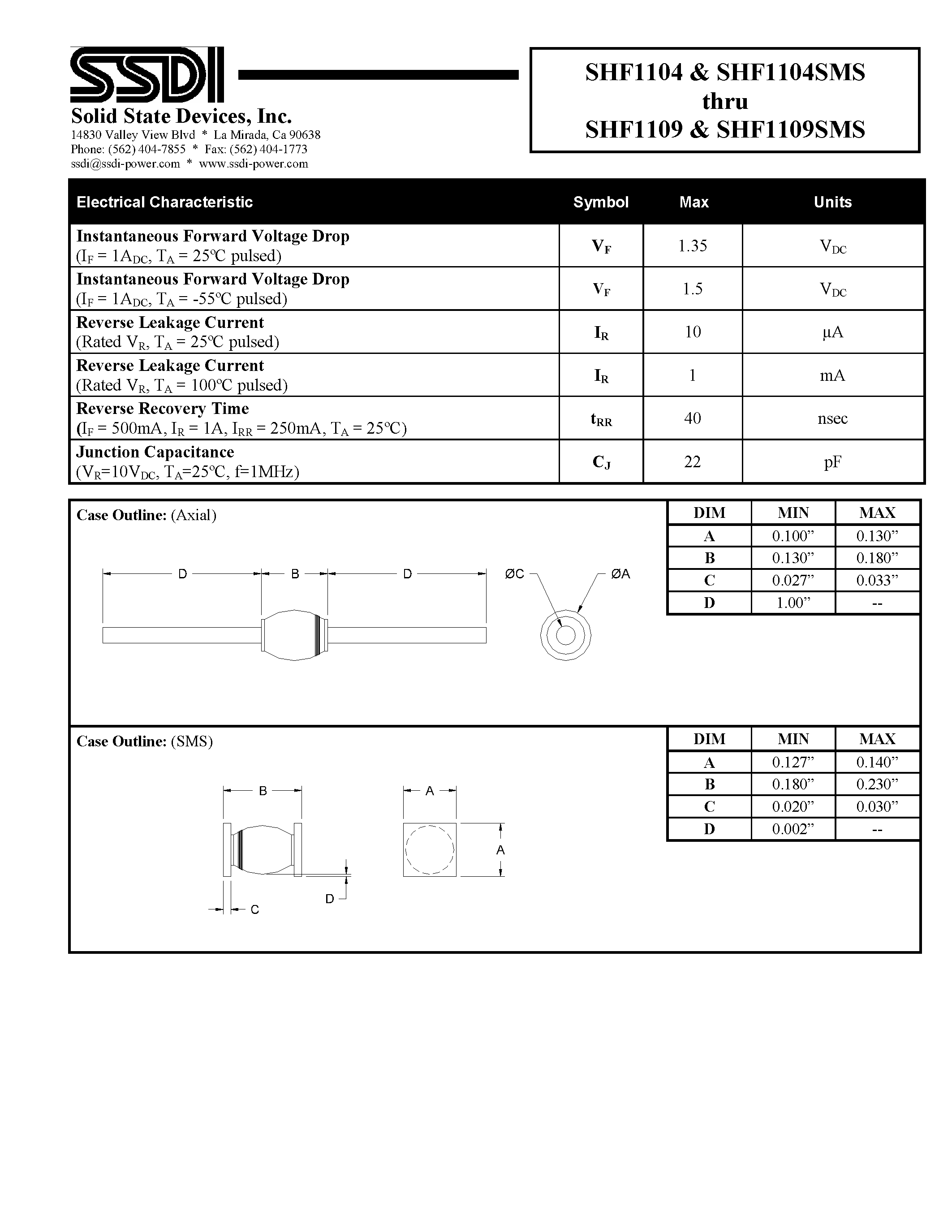 Datasheet SHF1104 page 2 Datasheet SHF1104 - (SHF1104SMS - SHF1109SMS) Hyper Fast Rectifier page 2