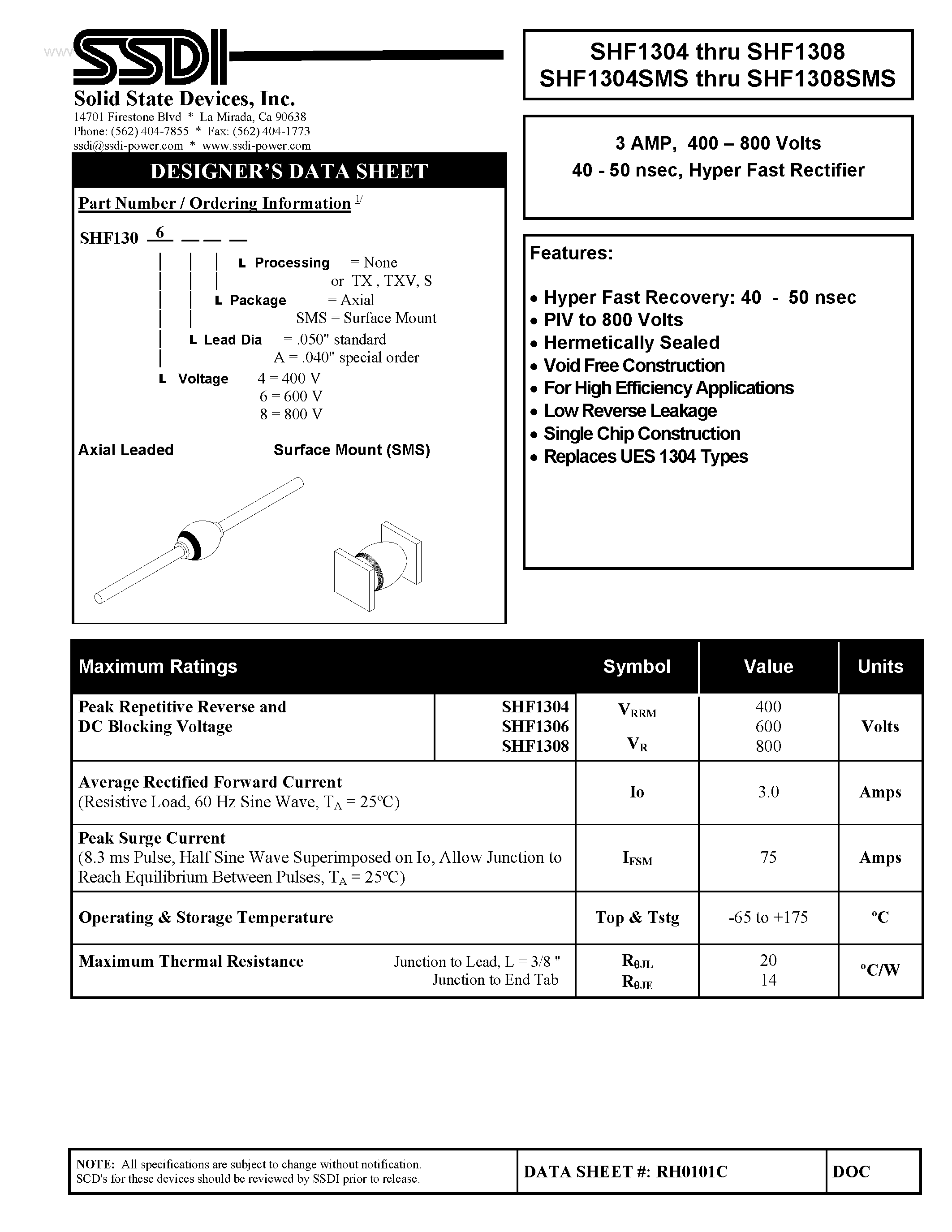 Datasheet SHF1304 page 1 Datasheet SHF1304 - (SHF1304SMS - SHF1308SMS) Hyper Fast Rectifier page 1