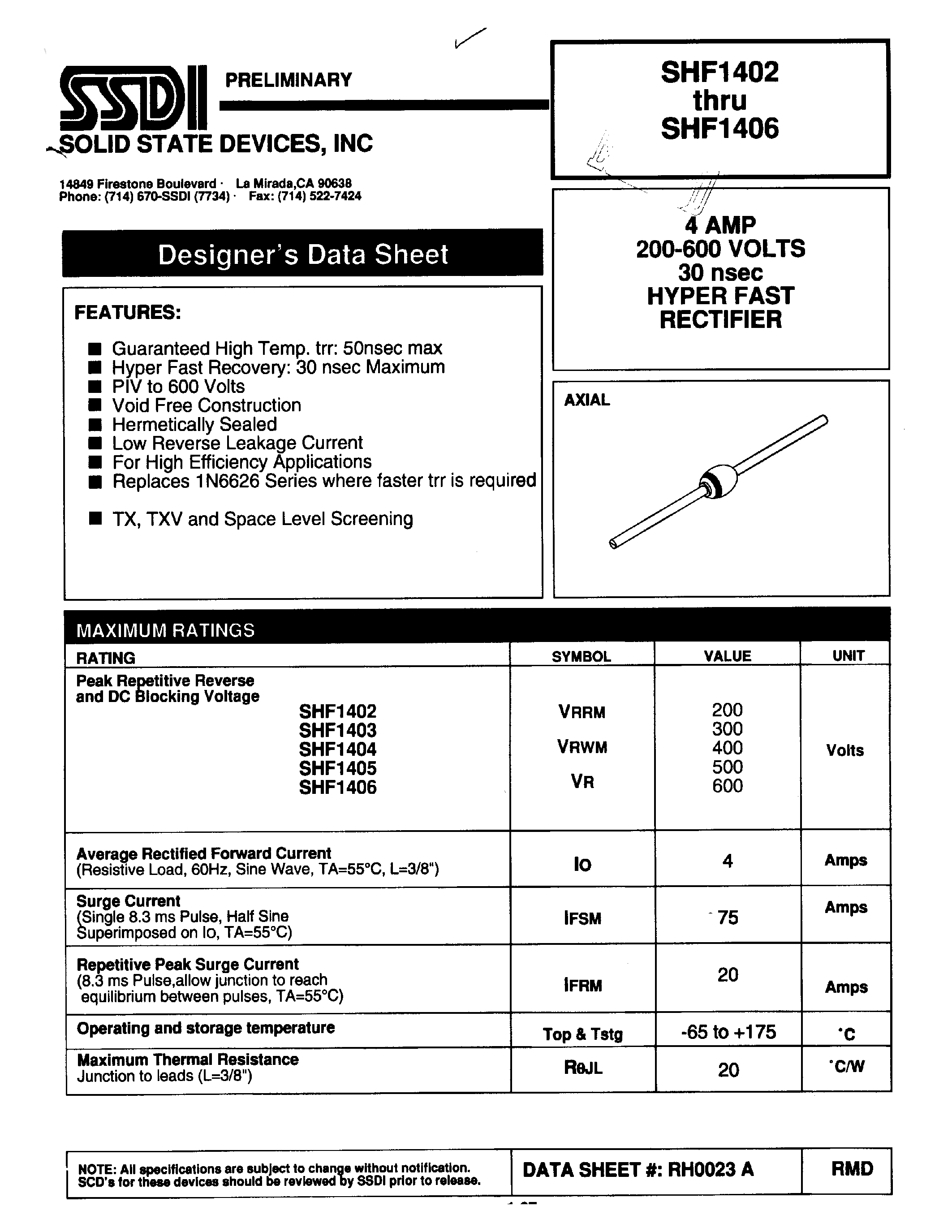 Datasheet SHF1402 page 1 Datasheet SHF1402 - (SHF1402 - SHF1406) HYPER FAST RECTIFIER page 1