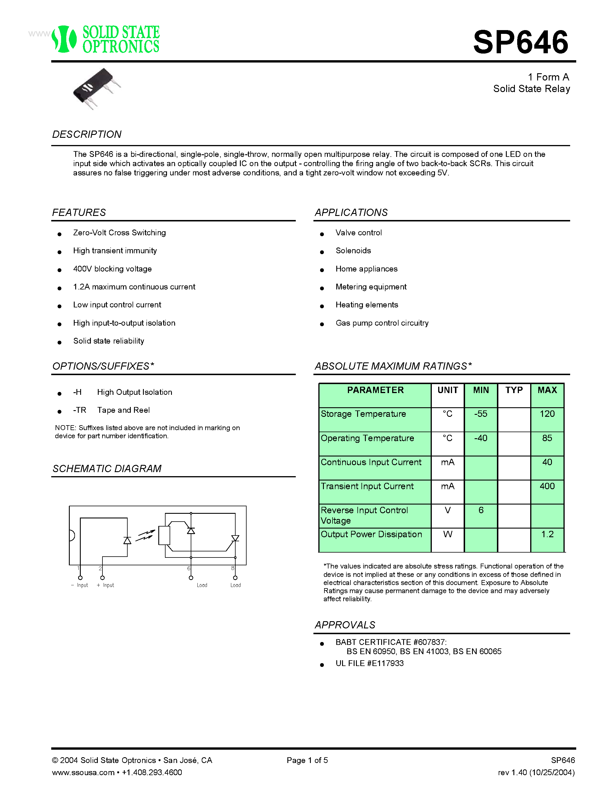 Datasheet SP646 - 1 Form A Solid State Relay page 1
