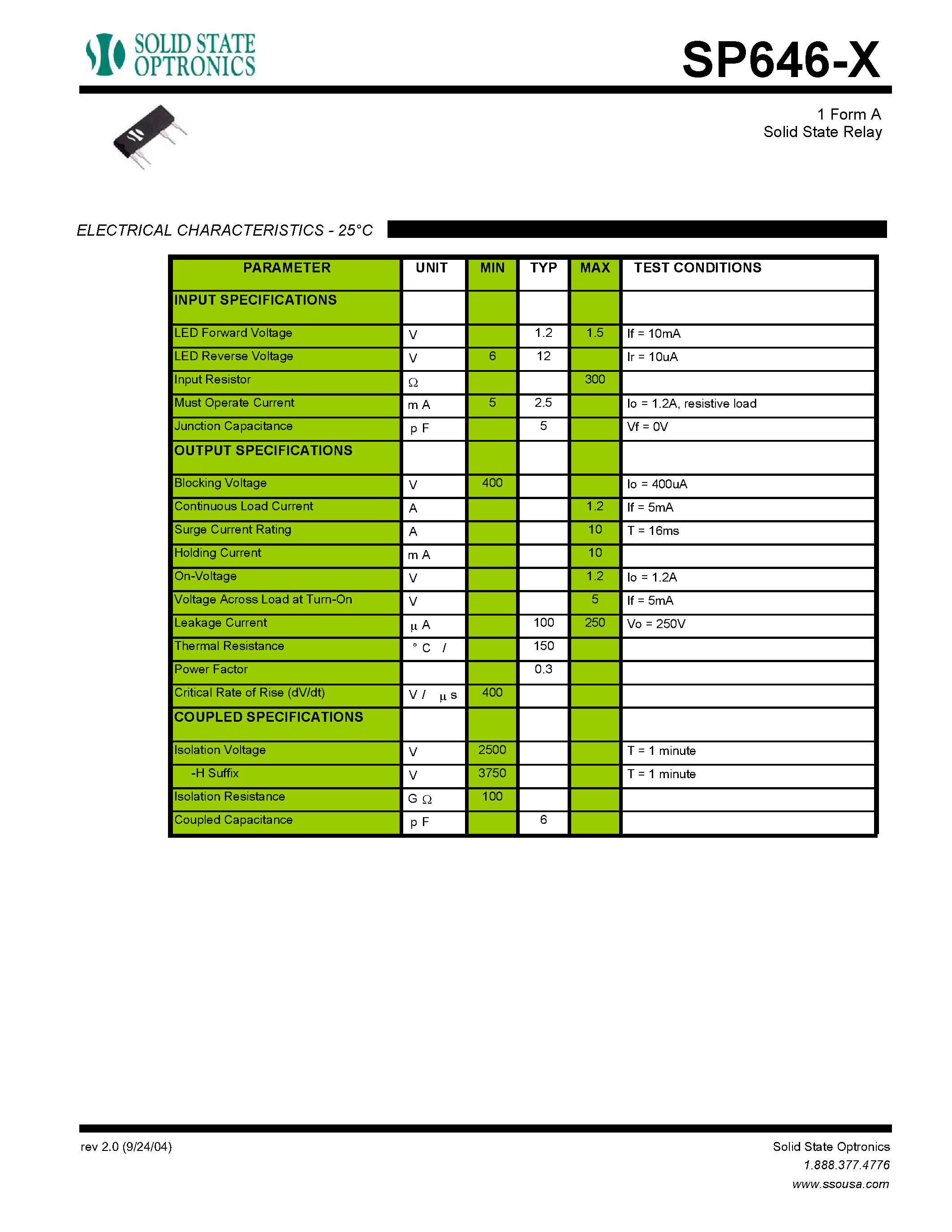 Datasheet SP646-X page 2 Datasheet SP646-X - 1 Form A Solid State Relay page 2