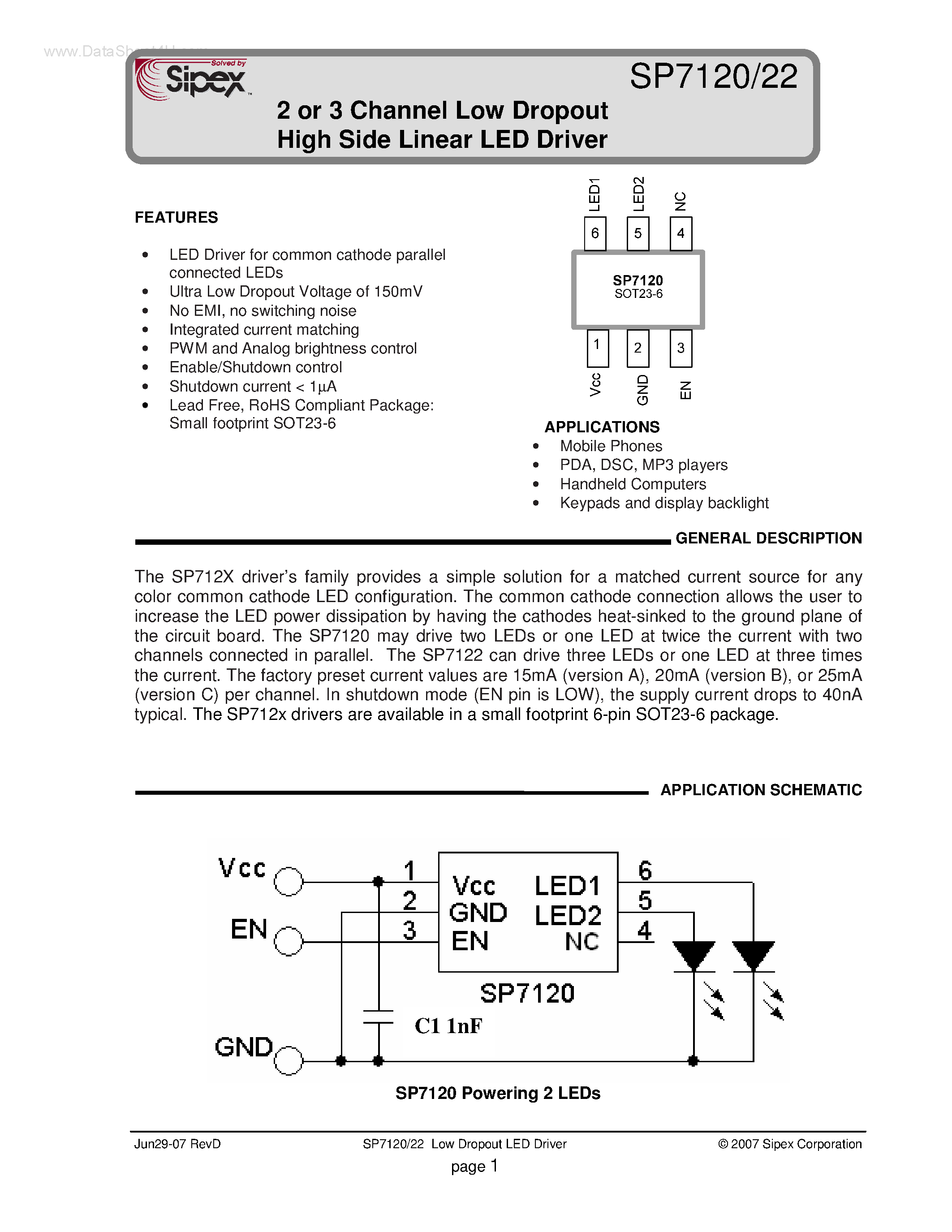 Datasheet SP7120 - (SP7120 / SP7122) 2 or 3 Channel Low Dropout High Side Linear LED Driver page 1