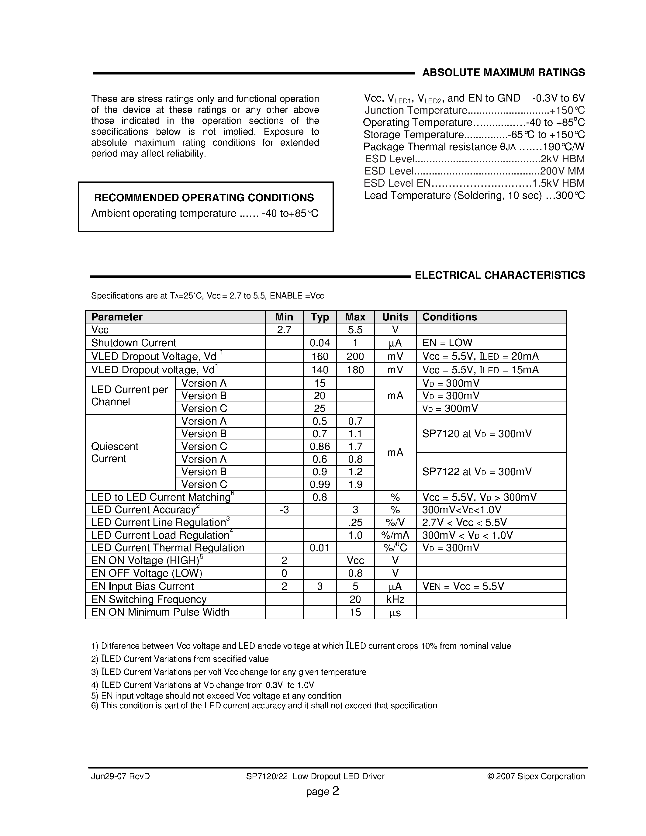 Datasheet SP7120 - (SP7120 / SP7122) 2 or 3 Channel Low Dropout High Side Linear LED Driver page 2