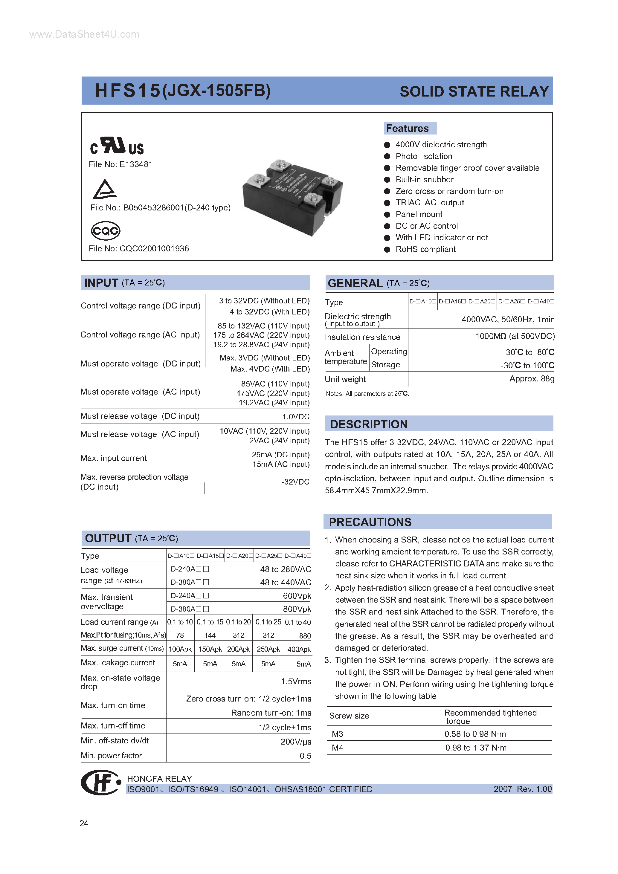 Даташит HFS15 - SOLID STATE RELAY страница 1
