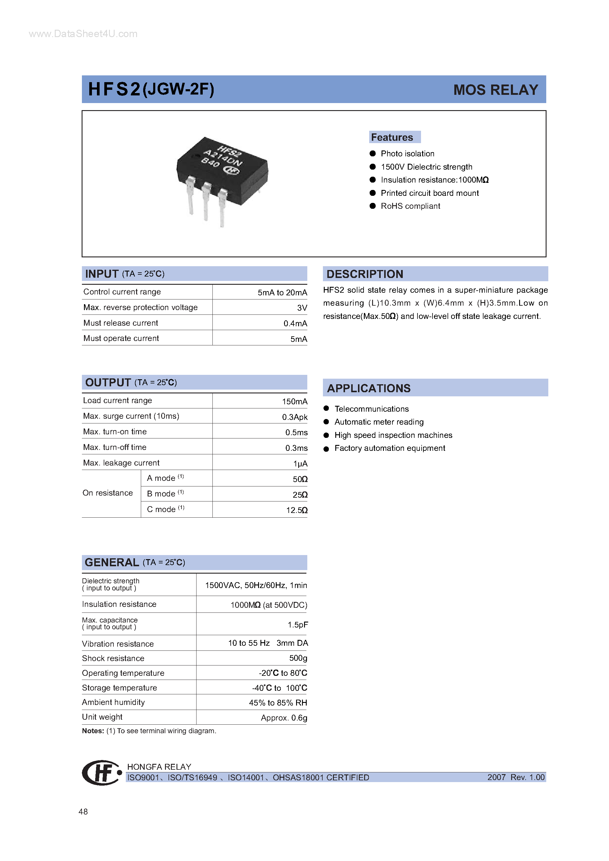 Даташит HFS2 - MOS RELAY страница 1