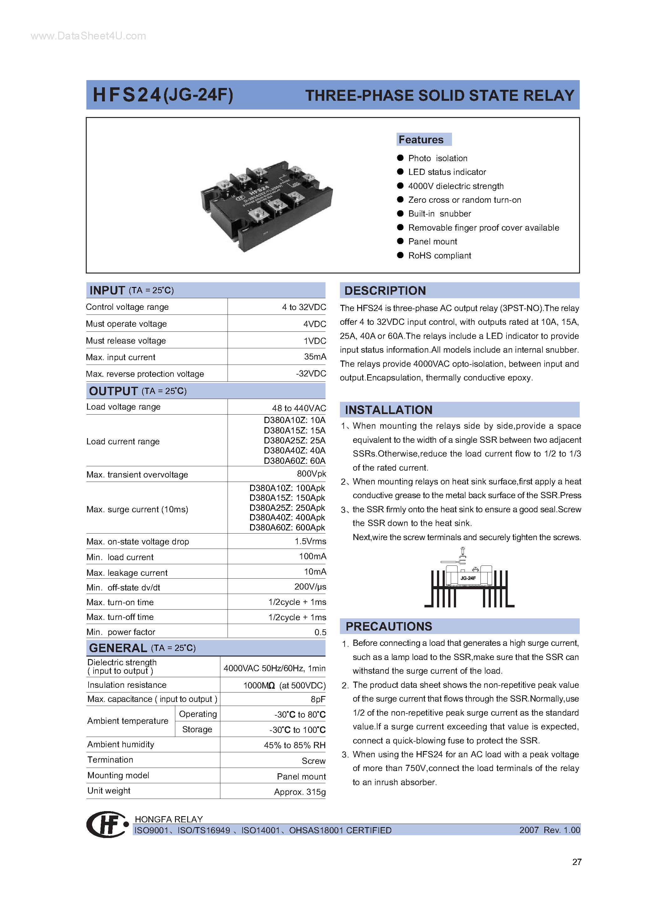Даташит HFS24 - THREE-PHASE SOLID STATE RELAY страница 1