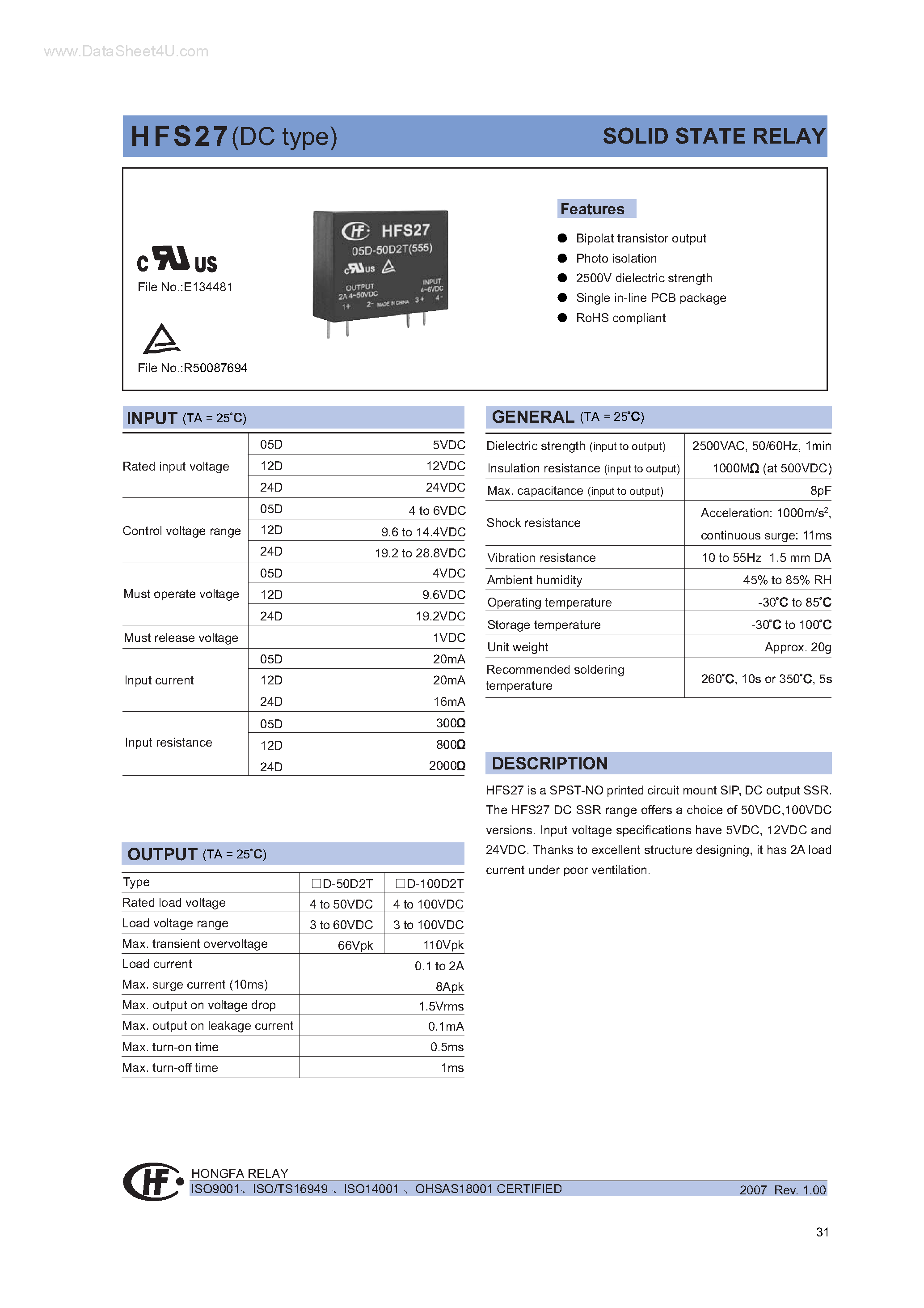 Даташит HFS27 - SOLID STATE RELAY страница 1