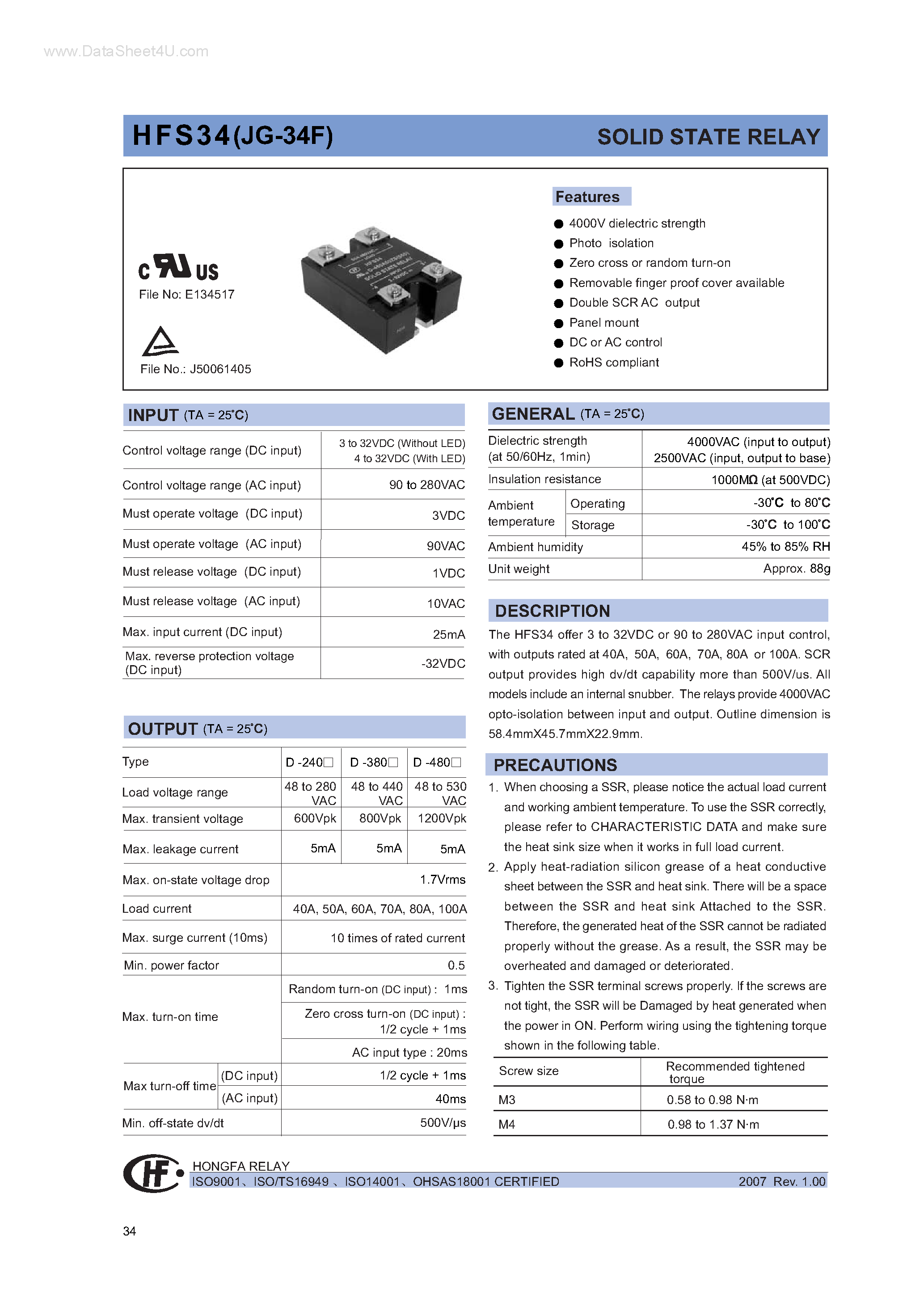 Даташит HFS34 - SOLID STATE RELAY страница 1