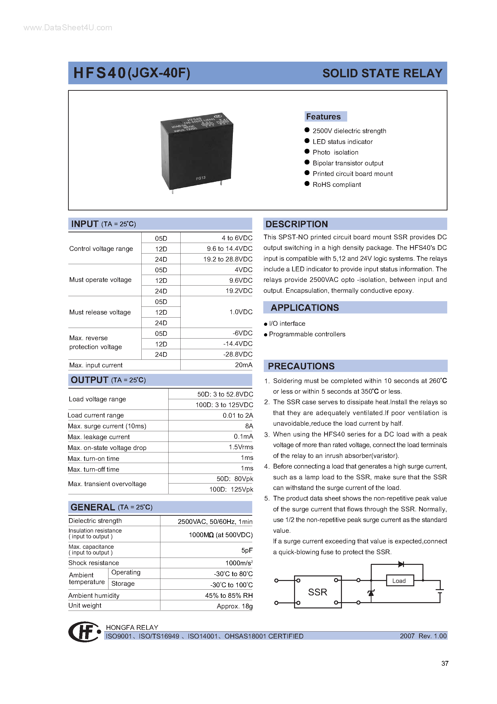 Даташит HFS40 - SOLID STATE RELAY страница 1