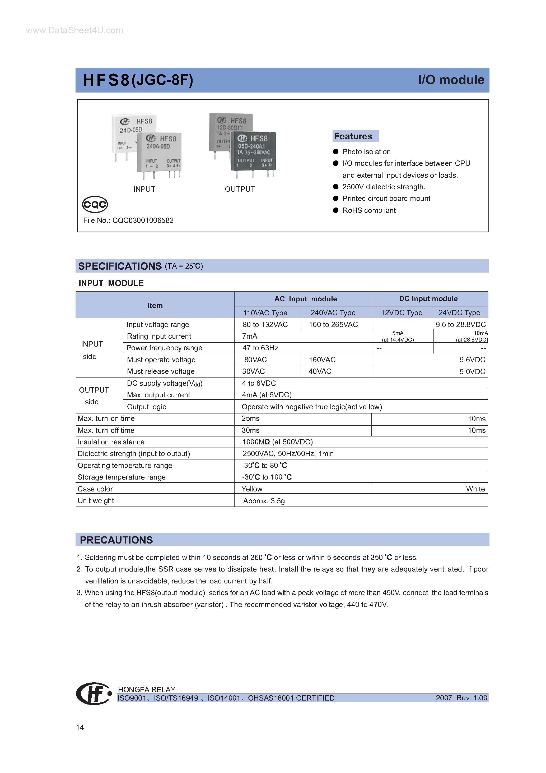 Datasheet HFS8 page 1 Datasheet HFS8 - I/O module page 1