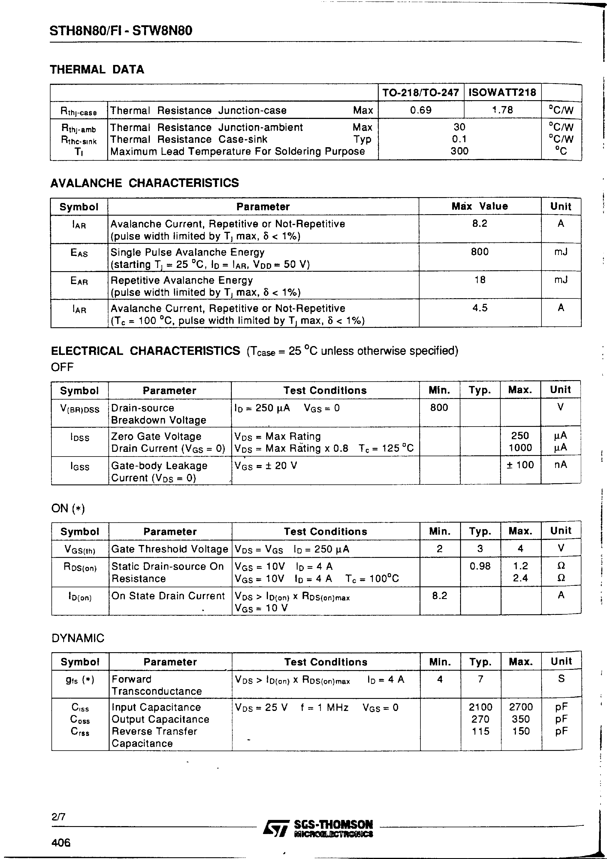 Datasheet STH8N80 page 2 Datasheet STH8N80 - N-CHANNEL ENHANCEMENT MODE POWER MOS TRANSISTORS page 2