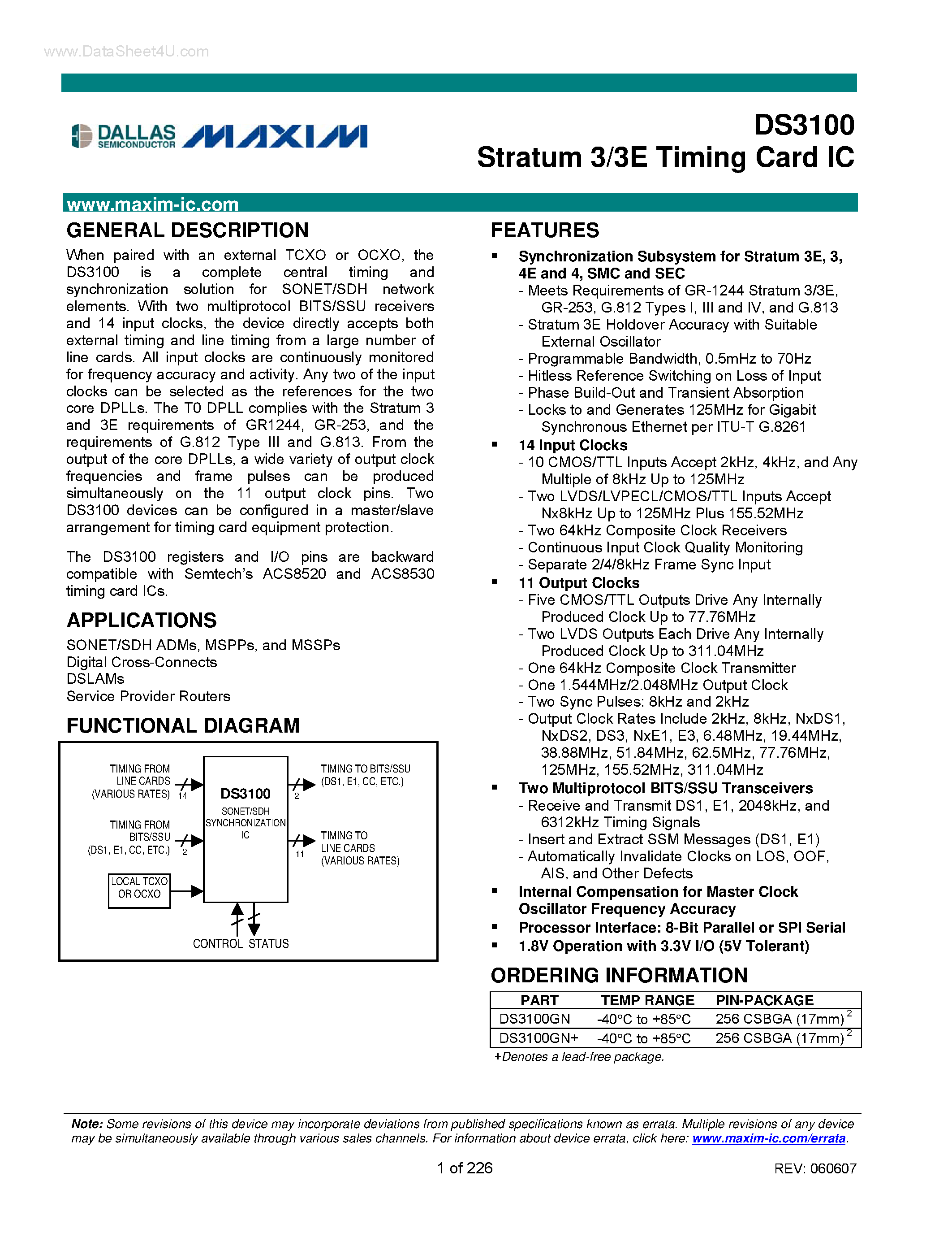 Datasheet DS3100 - Stratum 3/3E Timing Card IC page 1