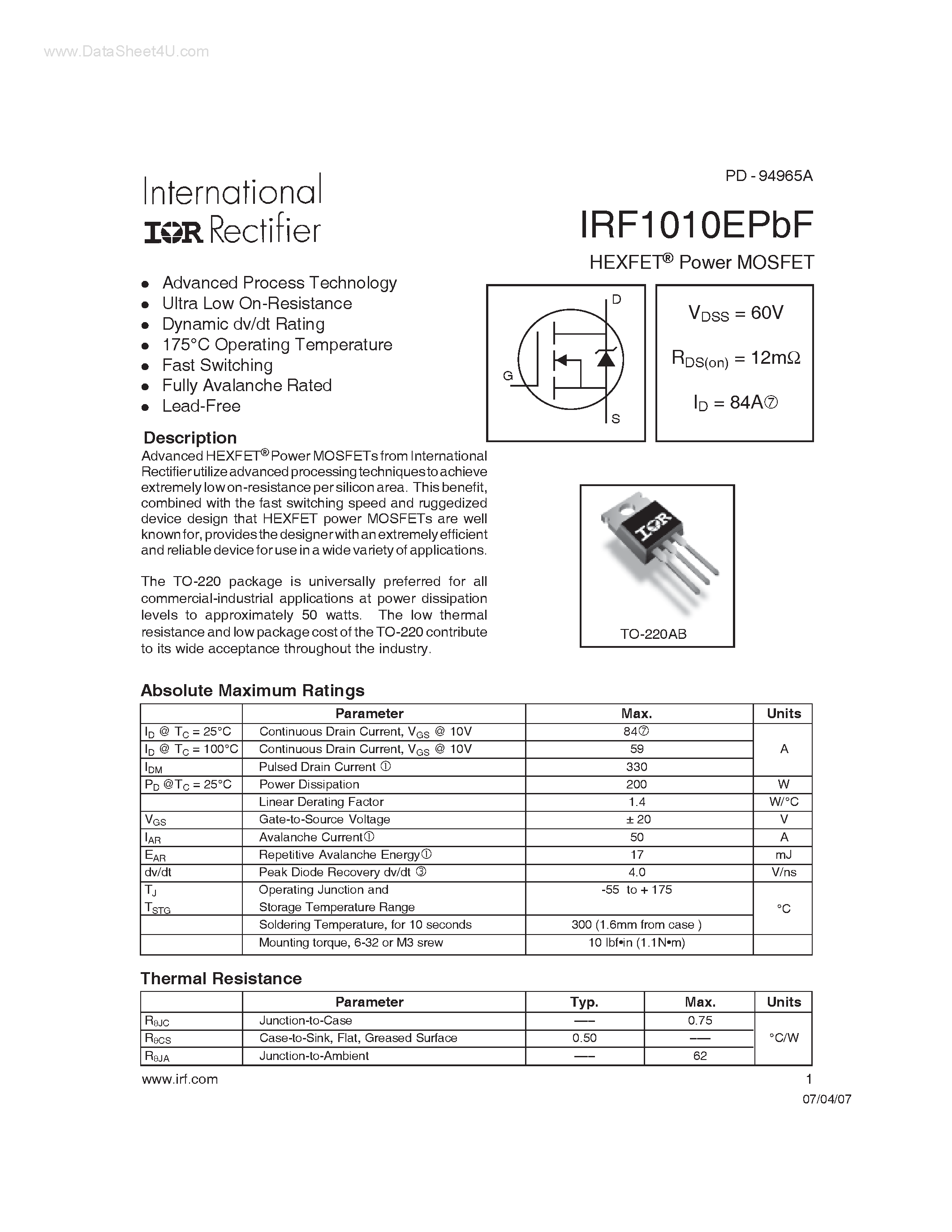 Даташит на микросхему IRF1010EPBF страница 1 Даташит IRF1010EPBF - Power MOSFET страница 1