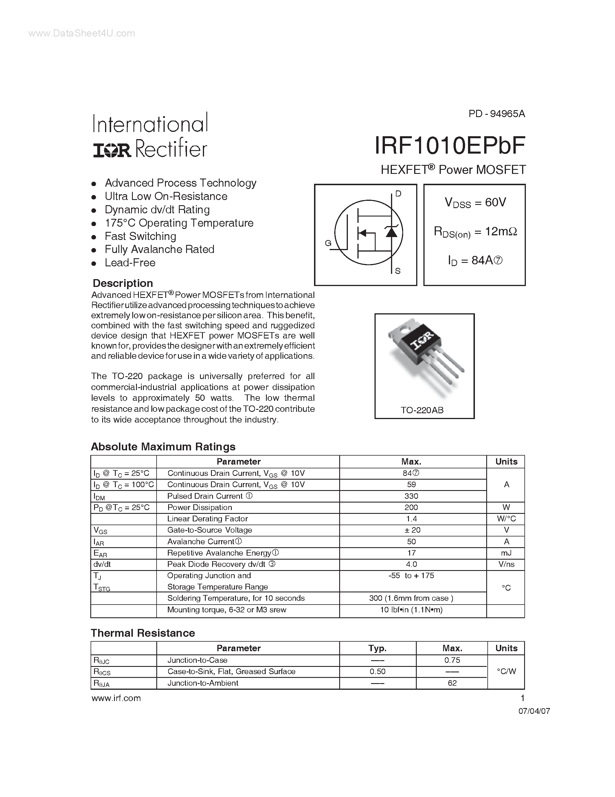 Datasheet IRF1010EPBF - Power MOSFET page 1