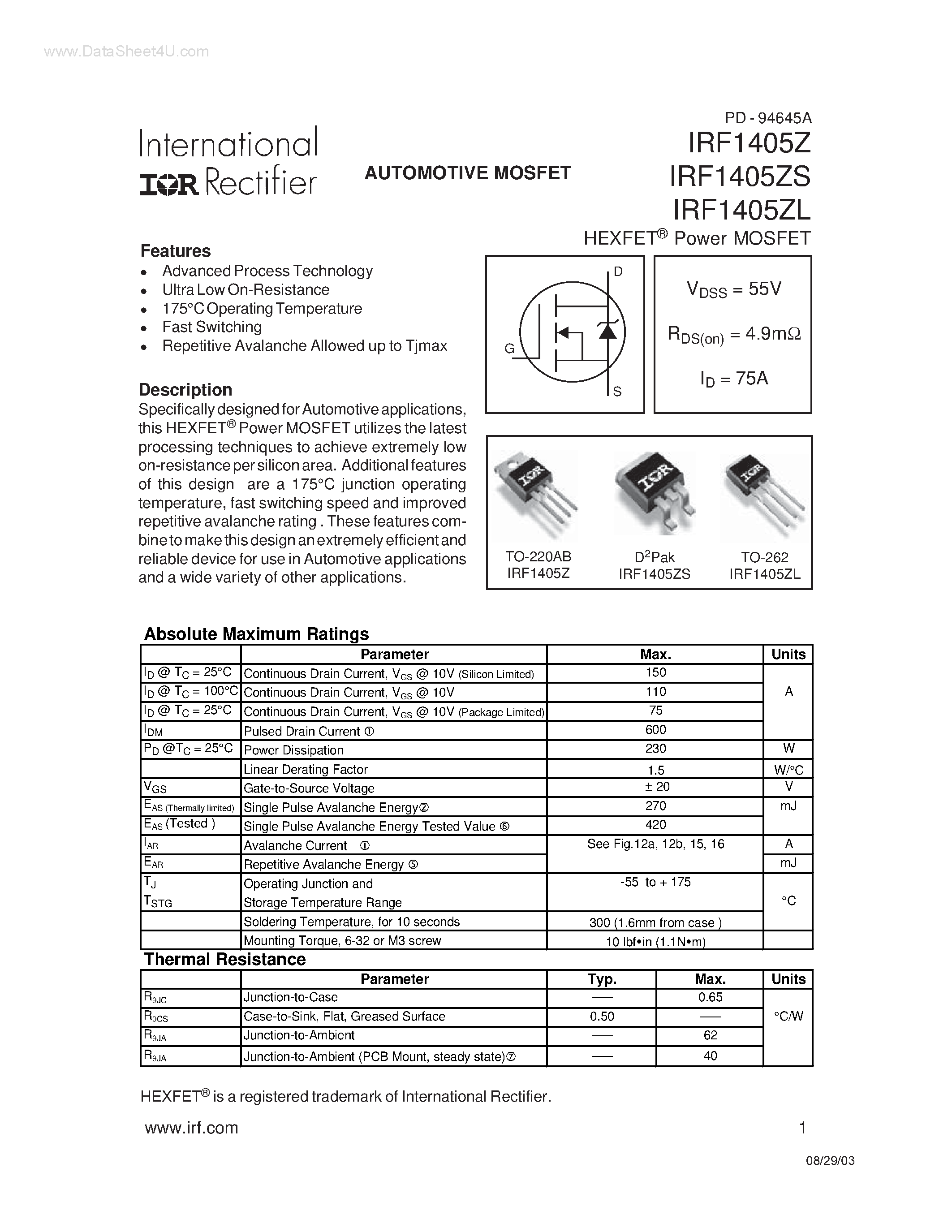 Datasheet IRF1405Z - AUTOMOTIVE MOSFET page 1