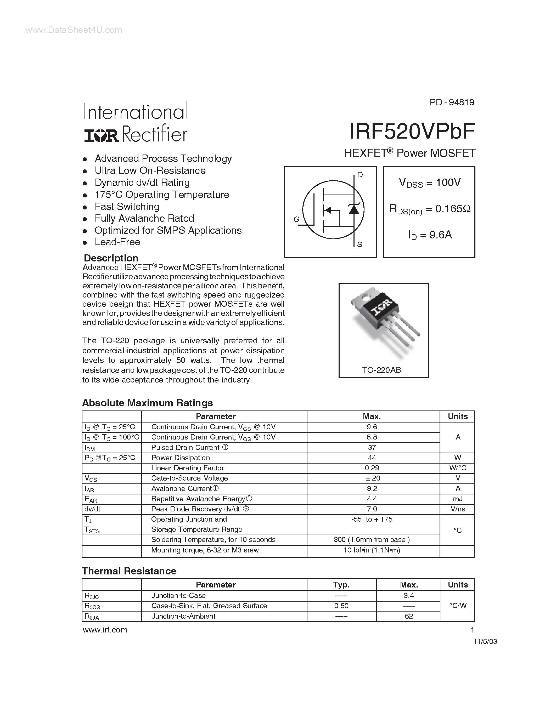 Datasheet IRF520VPBF - Power MOSFET page 1