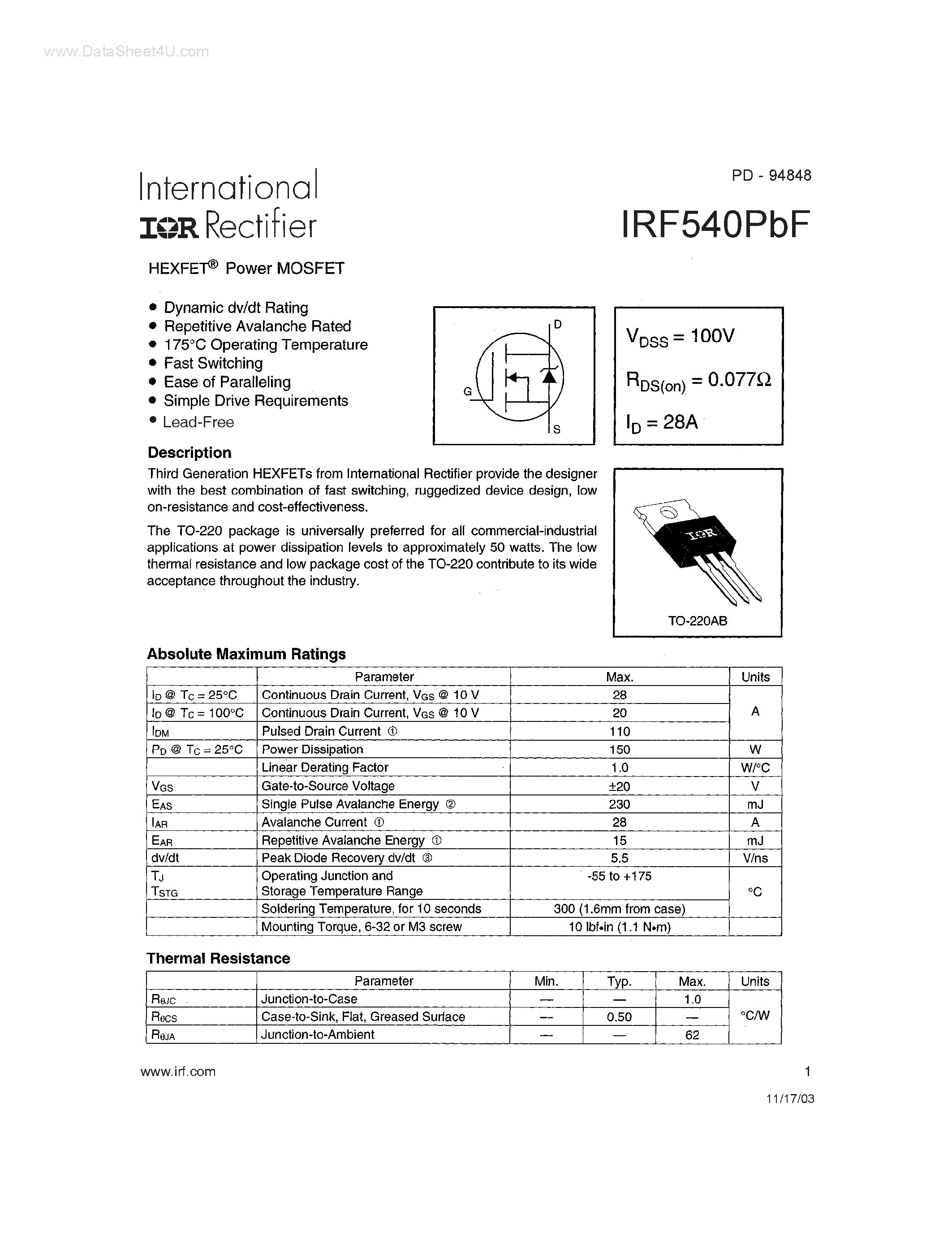 Datasheet IRF540PBF - Power MOSFET page 1