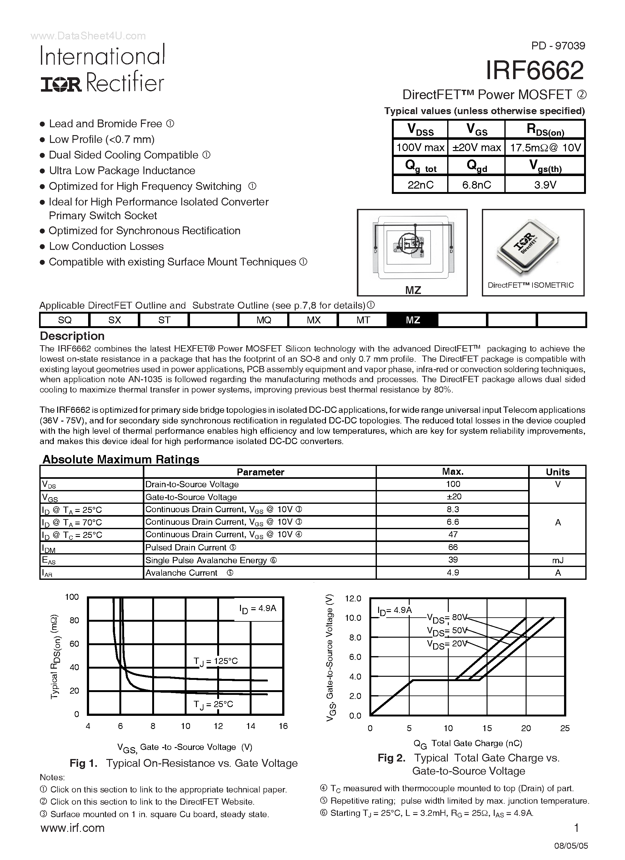 Datasheet IRF6662 - DirectFet Power MOSFET page 1