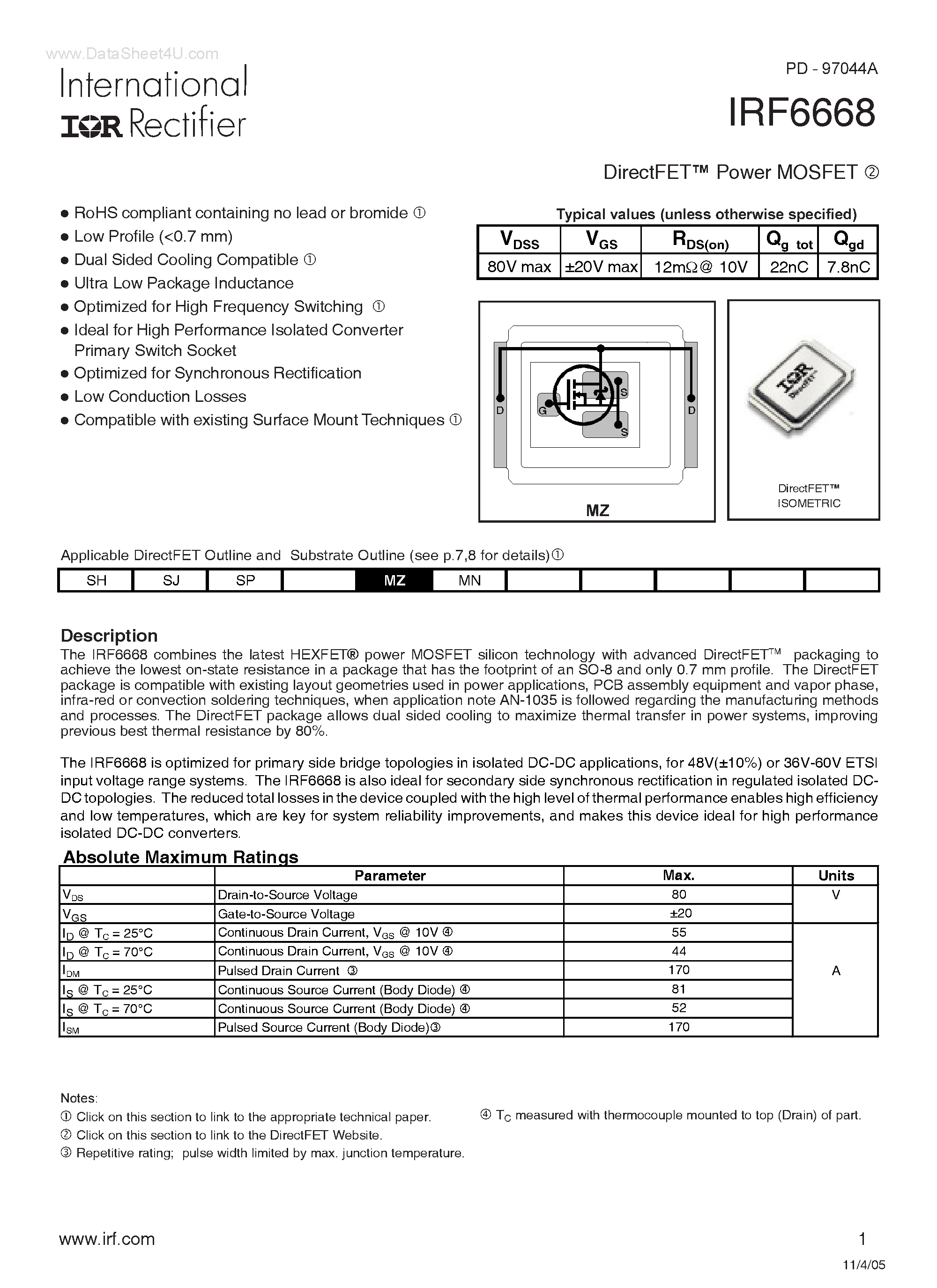 Datasheet IRF6668 - DirectFet Power MOSFET page 1