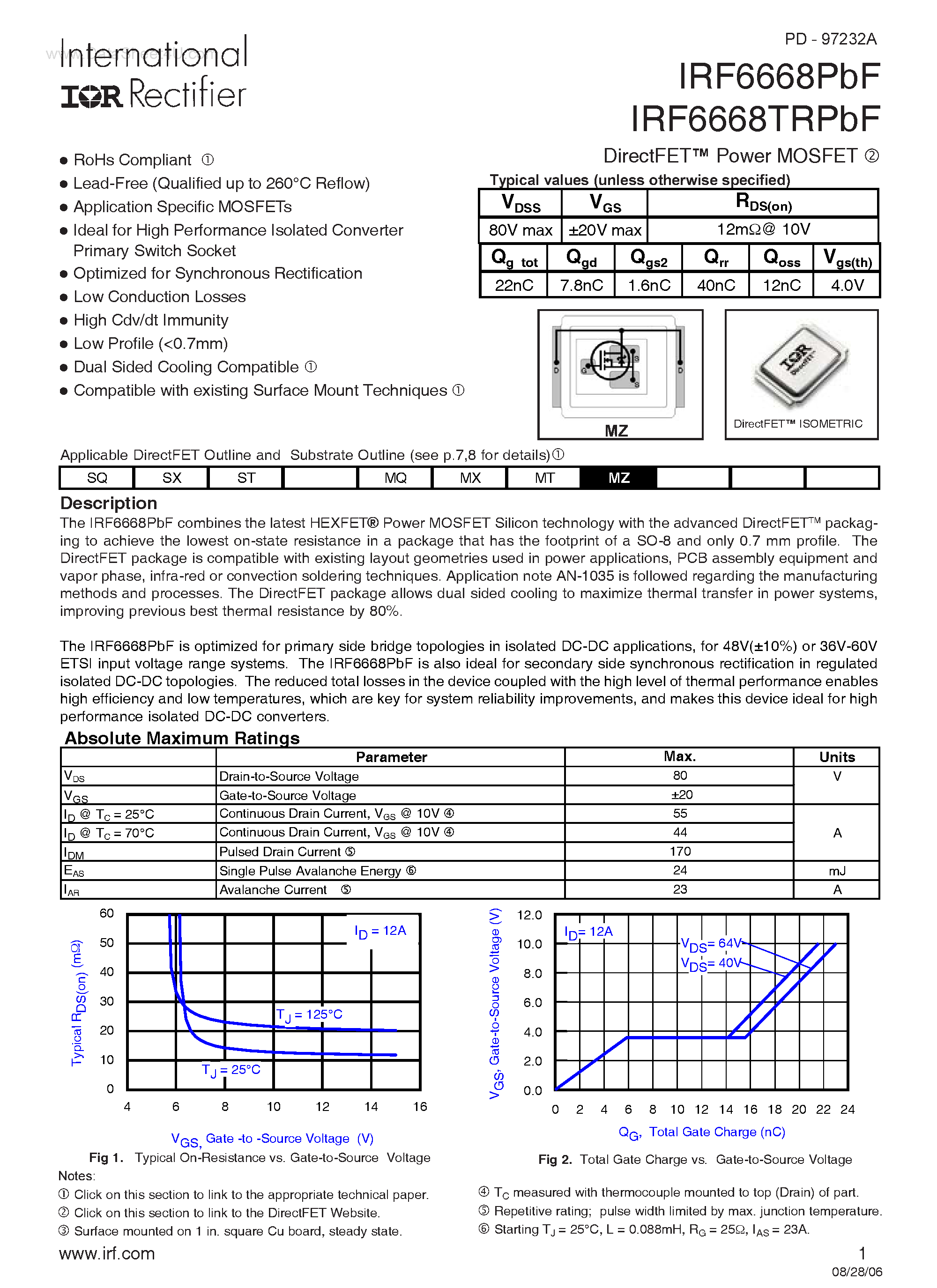 Datasheet IRF6668PBF page 1 Datasheet IRF6668PBF - DirectFET Power MOSFET page 1