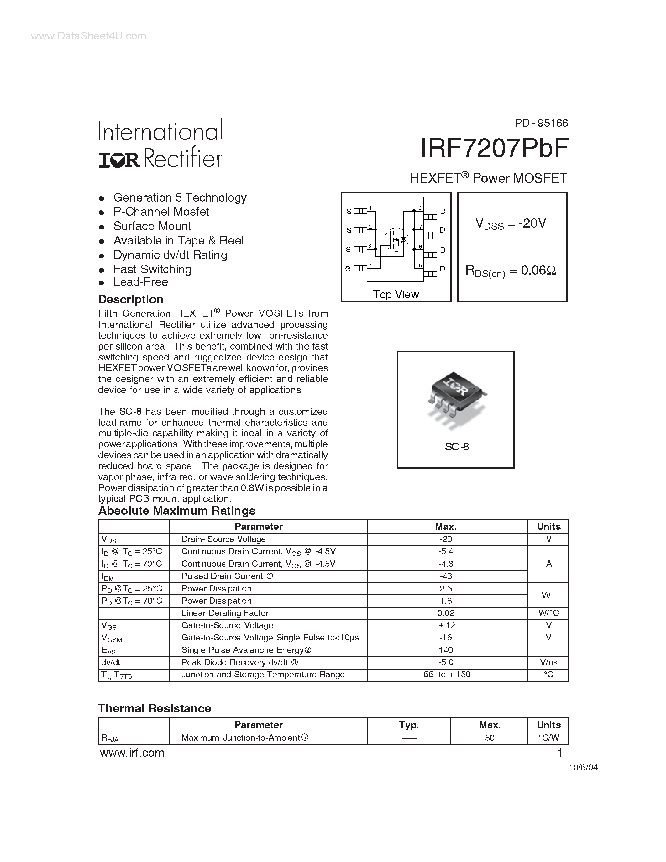 Datasheet IRF7207PBF - Power MOSFET page 1