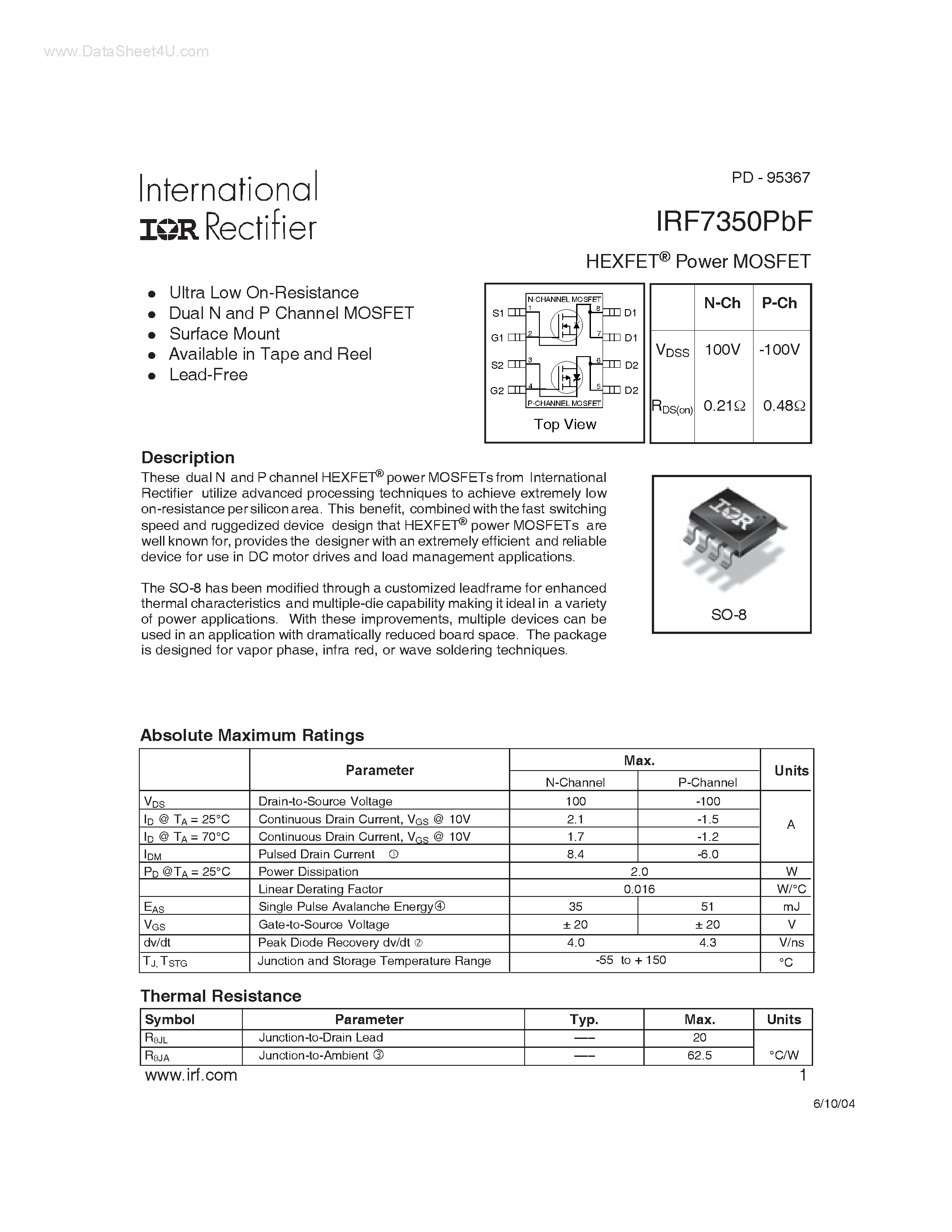 Datasheet IRF7350PBF - Power MOSFET page 1