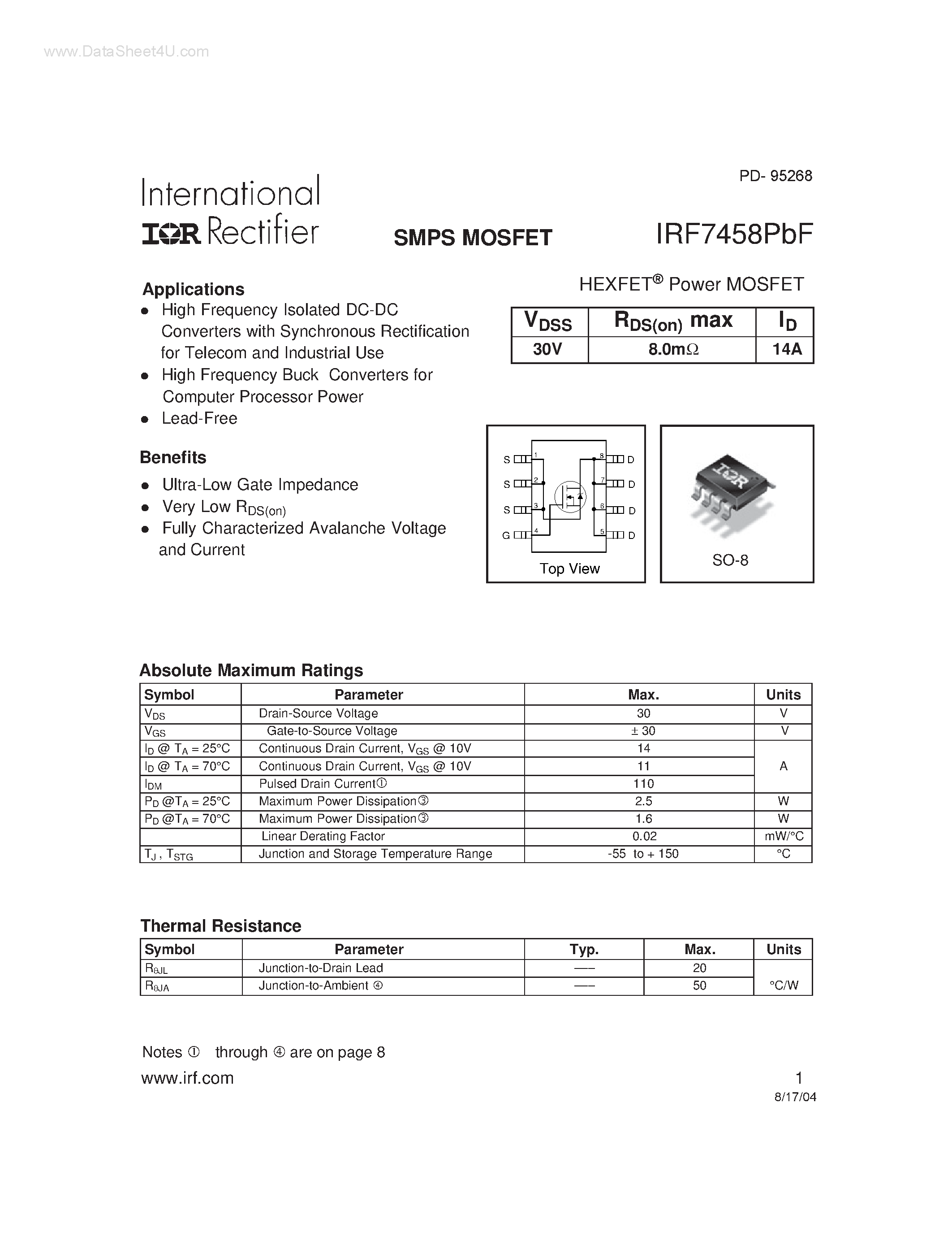 Datasheet IRF7458PBF - SMPS MOSFET page 1