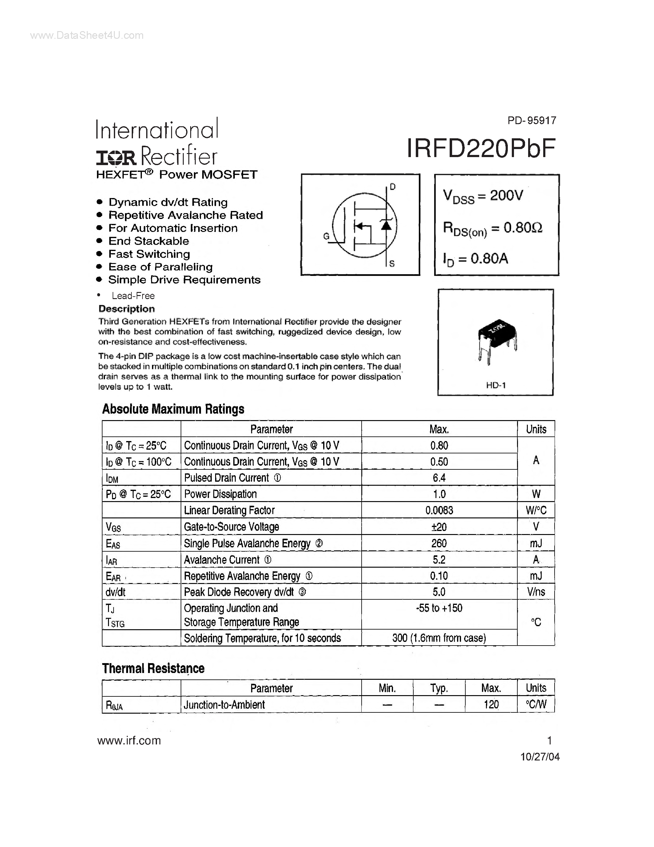Datasheet IRFD220PBF - Power MOSFET page 1