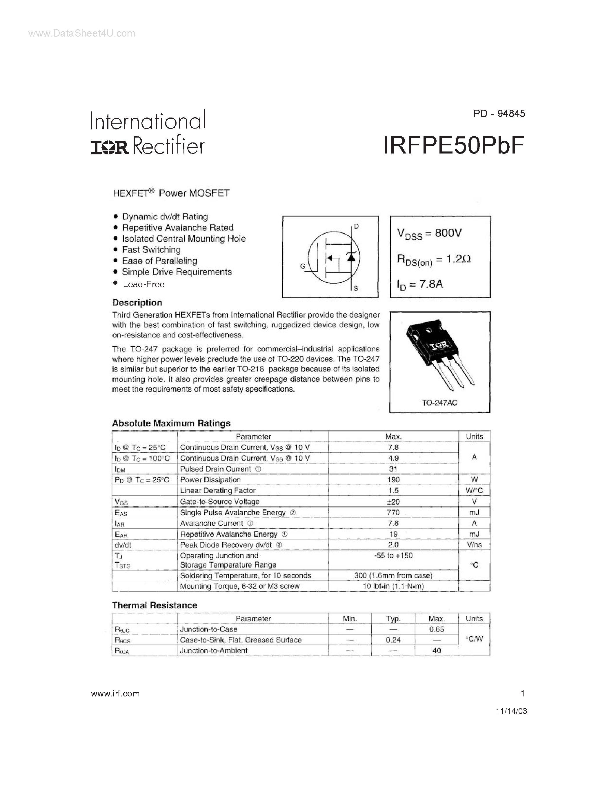 Даташит IRFPE50PBF - Power MOSFET страница 1